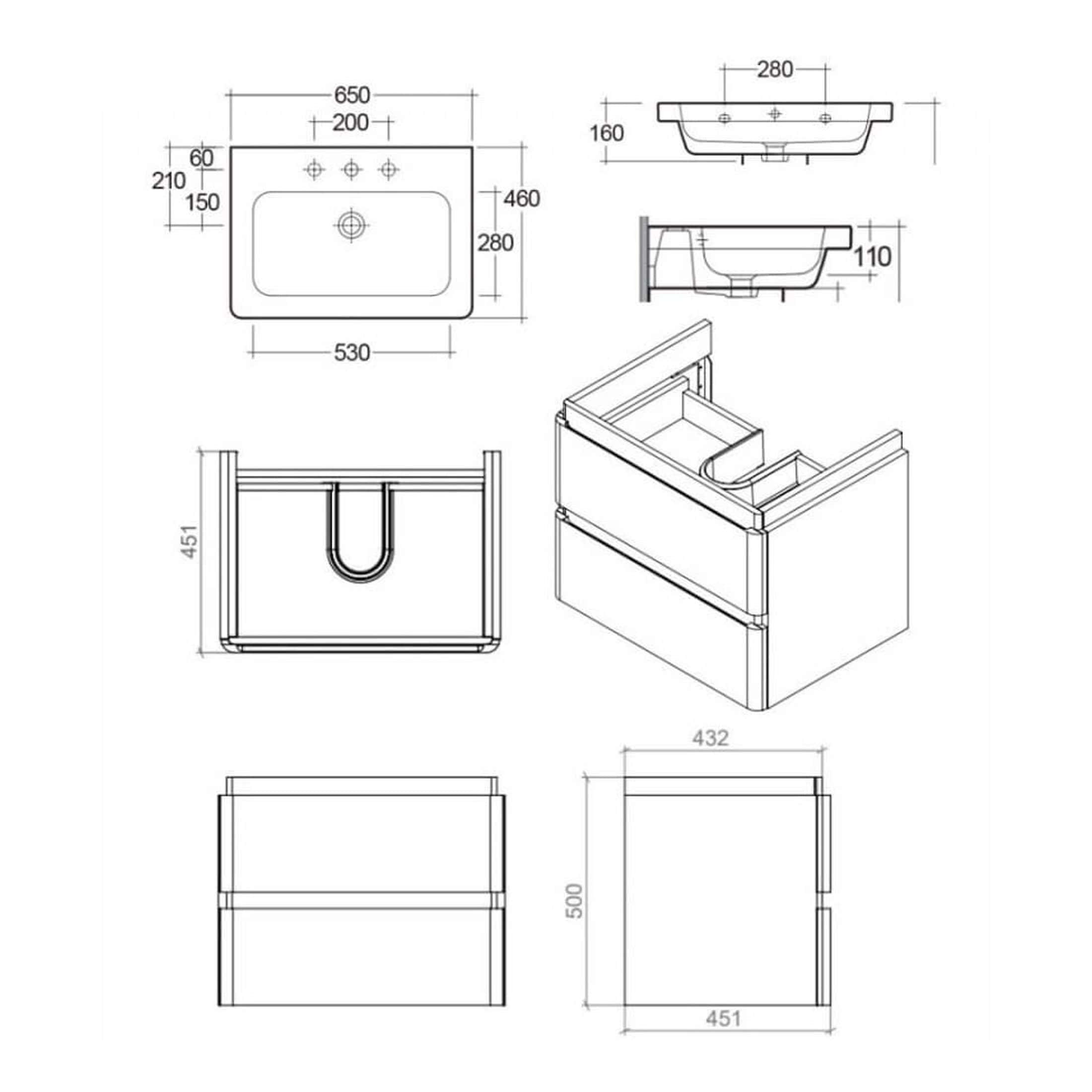 Modern bathroom sink design with detailed technical drawing for installation and cabinetry, showcasing sleek style and precise measurements for ideal bathroom aesthetics.