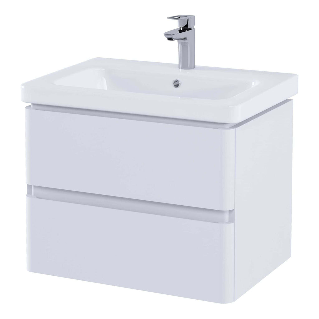 Sleek white bathroom vanity unit with integrated basin and chrome faucet, ideal for modern bathroom interiors. Features clean lines and practical storage space. Perfect for contemporary bathroom design.
