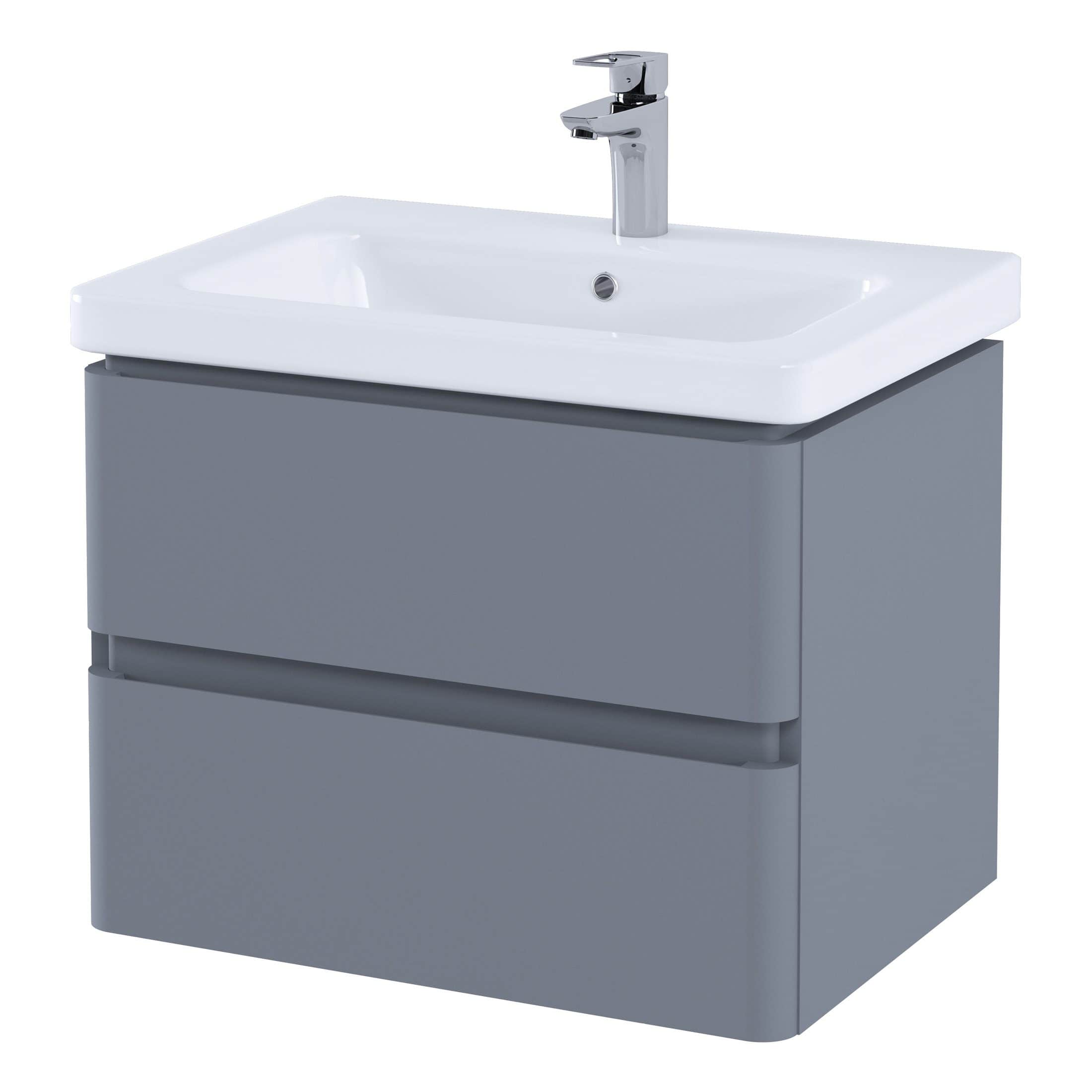 Modern grey bathroom vanity with integrated sink and chrome faucet, ideal for contemporary bathroom designs and practical storage solutions.