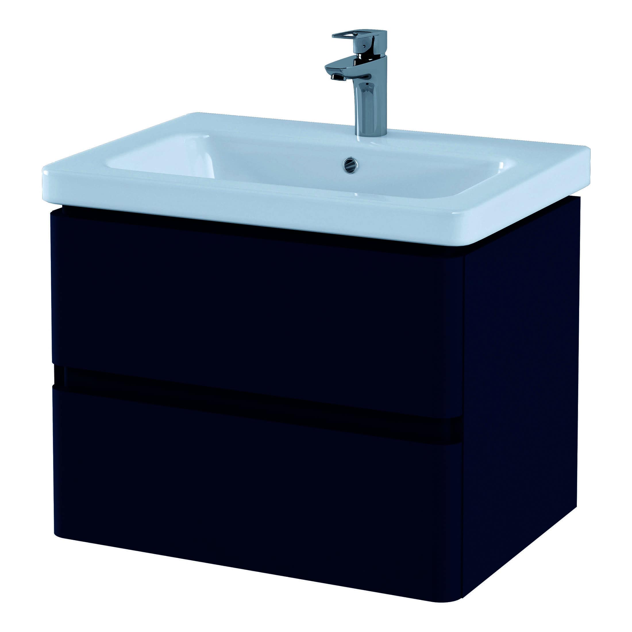 Sleek modern bathroom vanity with a white ceramic sink and a navy blue cabinet, ideal for contemporary bathroom decor. Features a chrome mixer tap for a stylish, functional touch.