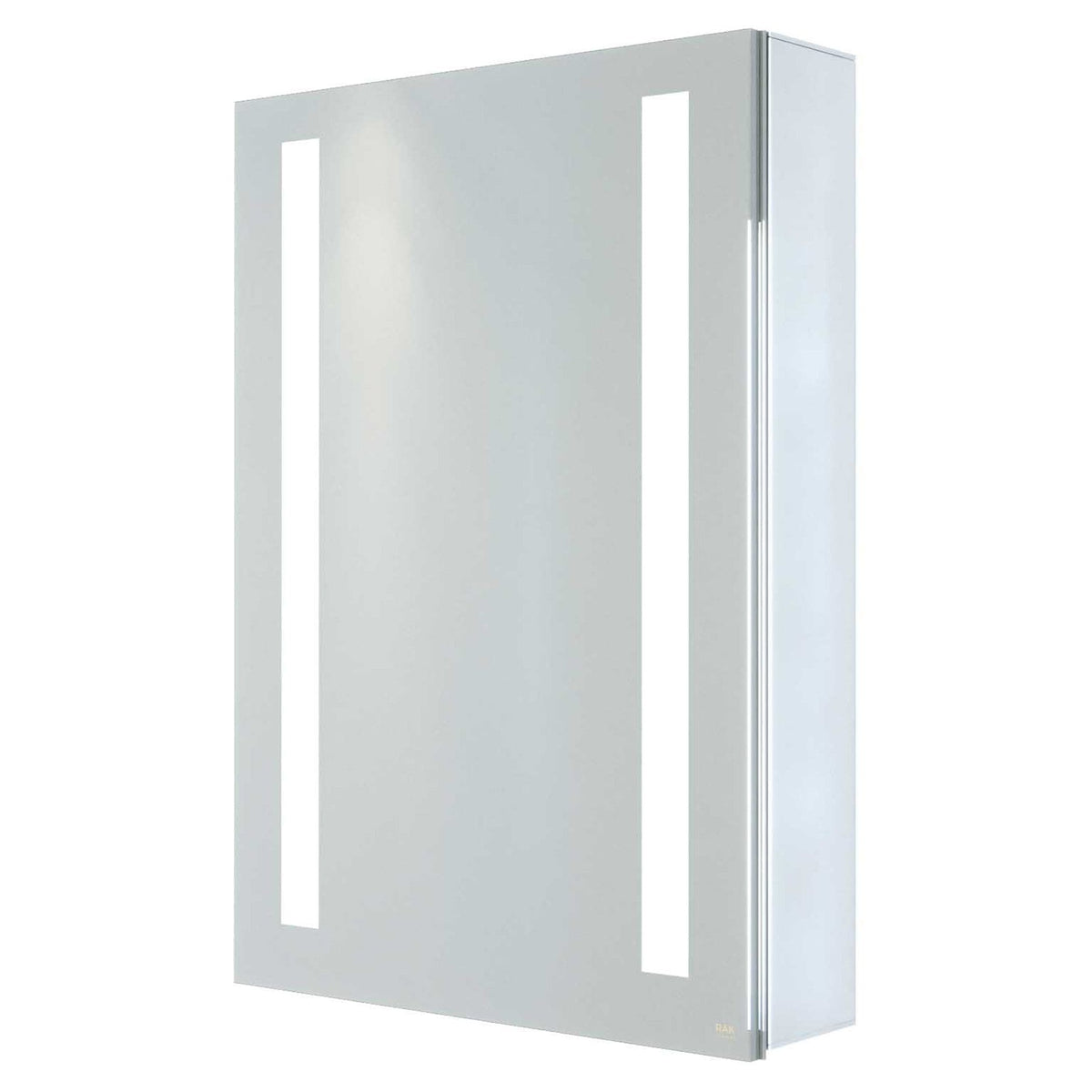 Bright white modern bathroom cabinet with integrated lighting and sleek design, ideal for contemporary bathroom storage solutions.
