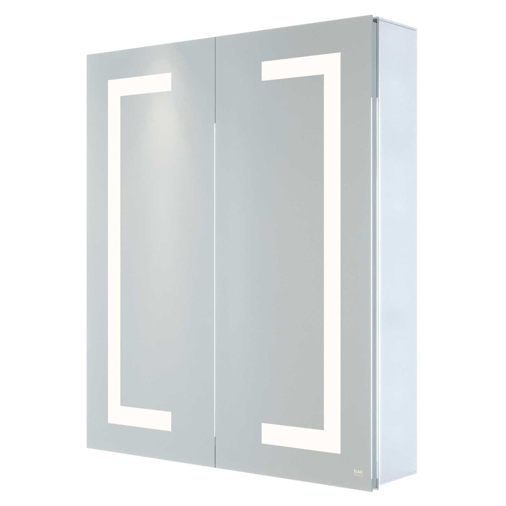 Sleek modern white bathroom cabinet with illuminated geometric design for stylish bathroom storage solutions.