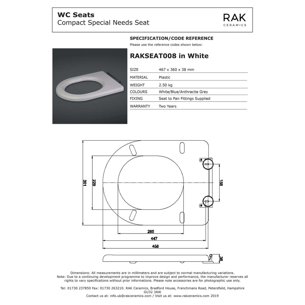White toilet seat with ergonomic design for comfort and hygiene, made from durable plastic in a sleek white finish, compatible with standard pans, ideal for accessible bathrooms.