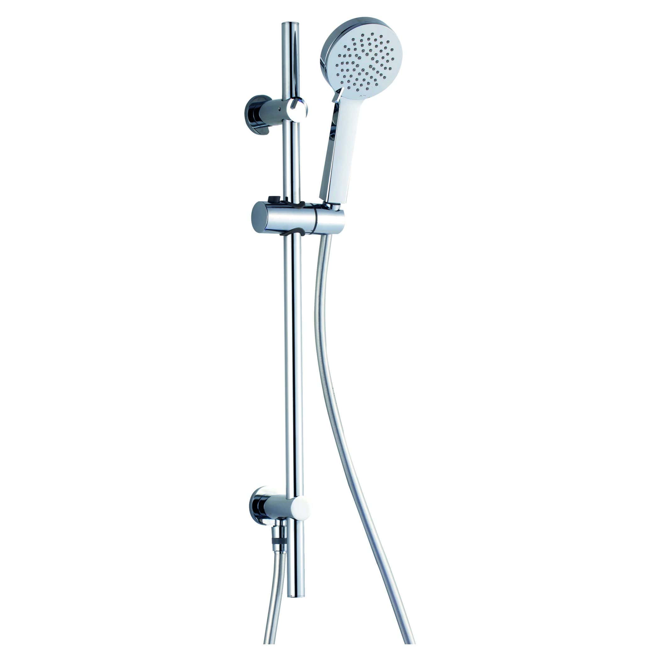 Brass chrome shower head with adjustable height and handheld attachment for modern Bubly Bathrooms.