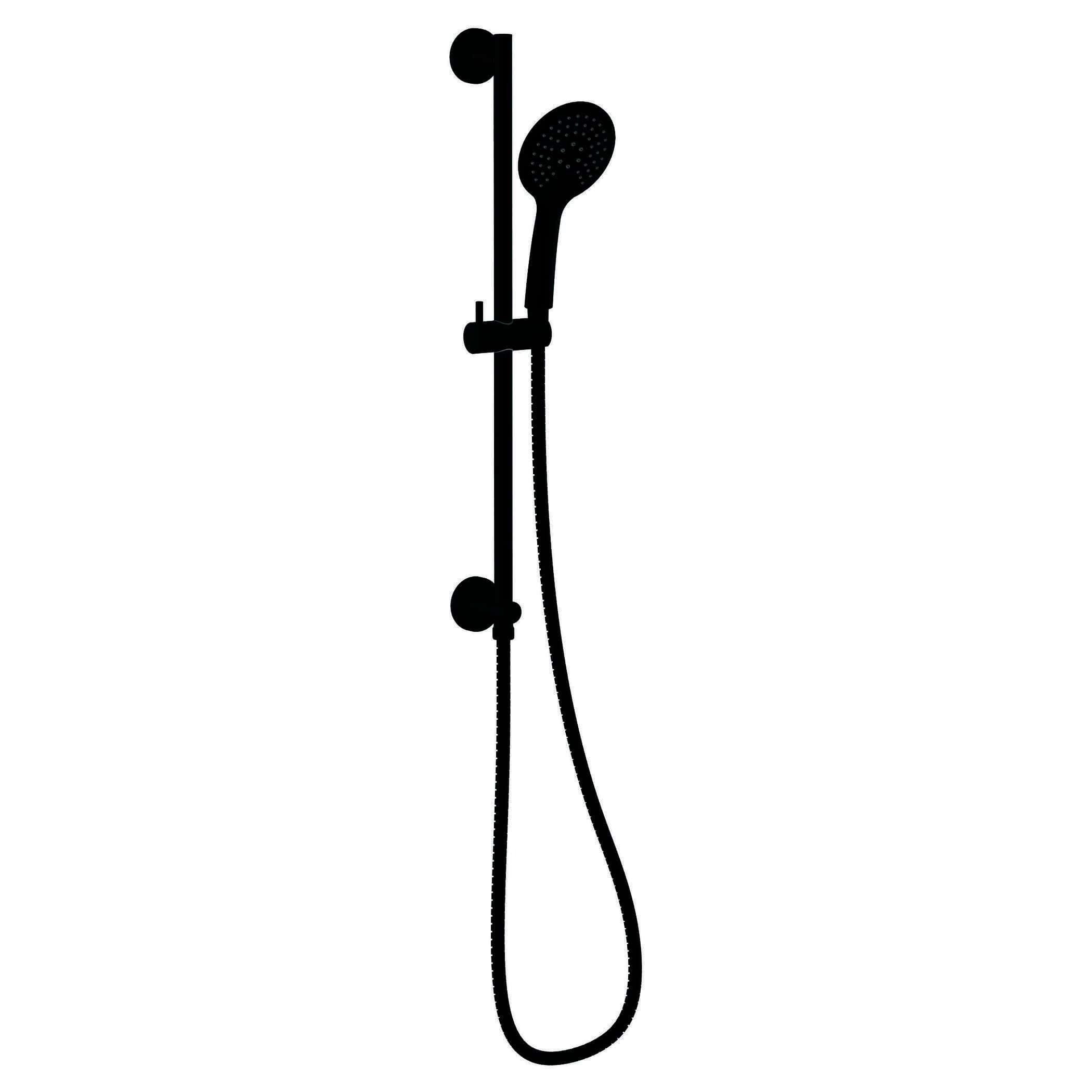 Shower system with hand-held showerhead and wall mount, black silhouette, modern bathroom fixture, perfect for contemporary Bubly Bathrooms.