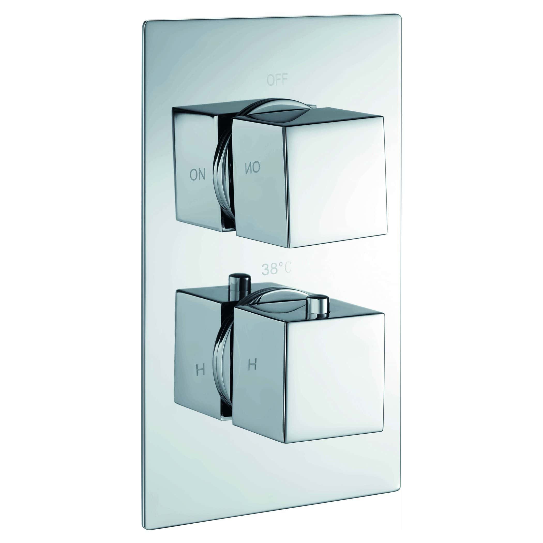 Shower and bath thermostatic control panel with chrome finish, temperature dials, and modern design for luxurious bathroom upgrades.