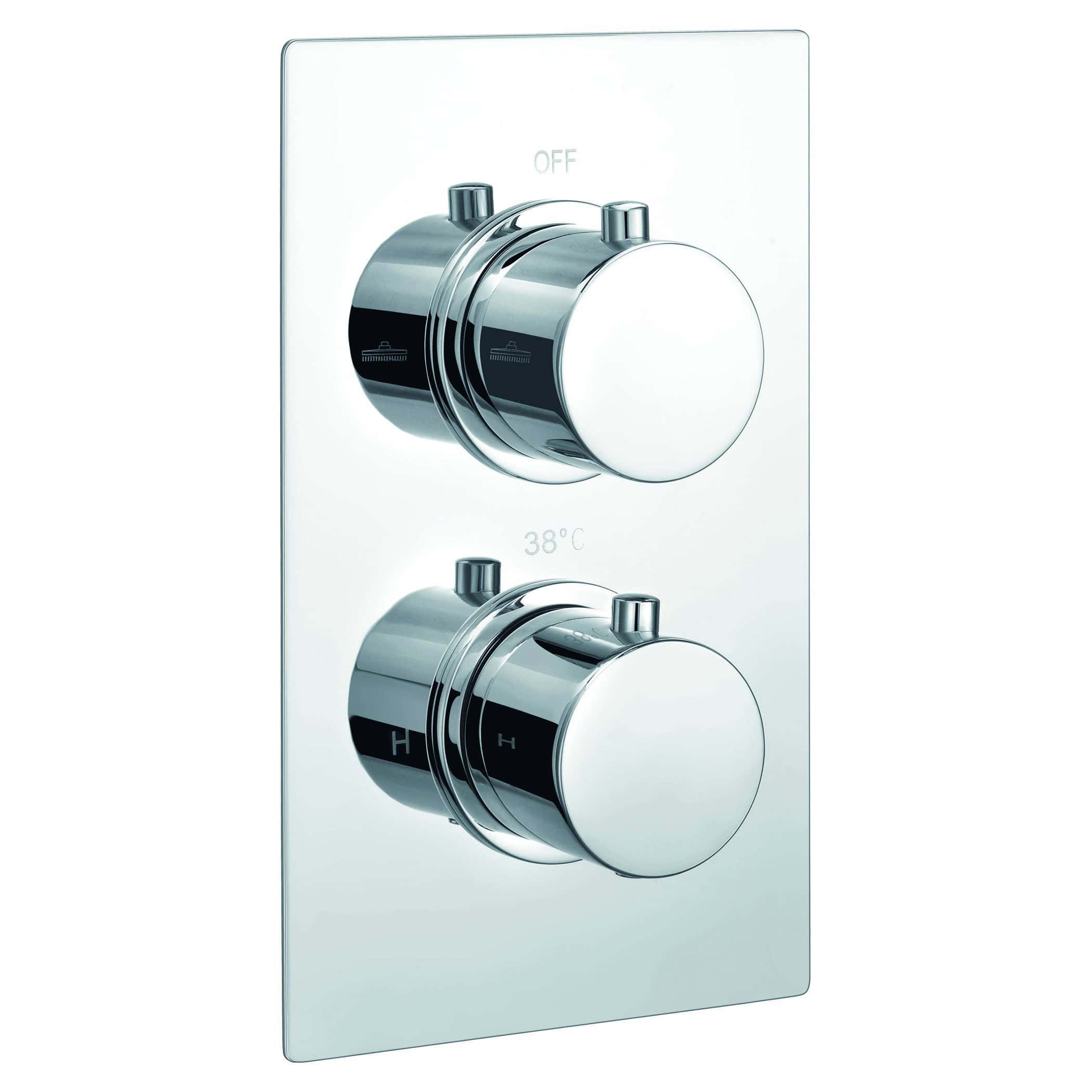 Sleek chrome thermostatic shower control panel with dual dials for temperature and flow, ideal for modern bathroom remodels and luxury wet rooms.