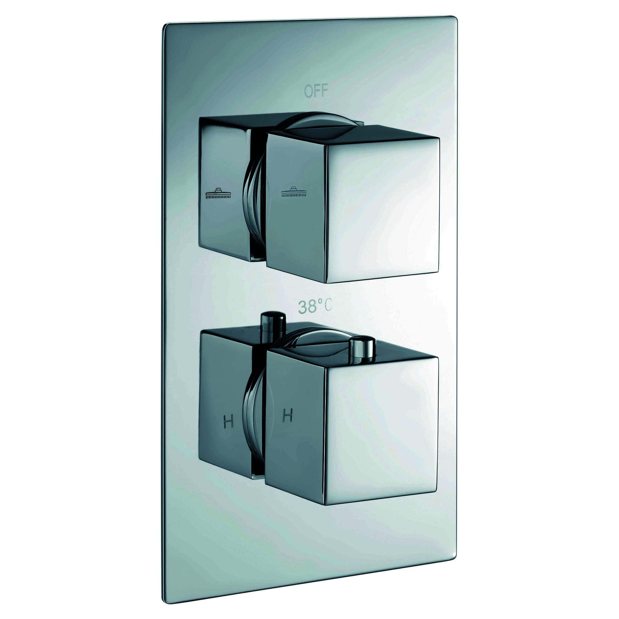 Sleek modern shower control panel with dual switches, chrome finish, and temperature setting up to 38°C, ideal for luxury bathrooms.