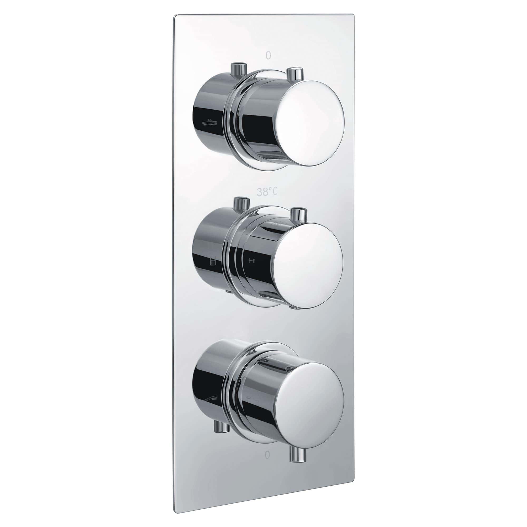 Sleek chrome thermostatic shower control panel with three adjustable dials for precise temperature and flow management, ideal for modern bathrooms.