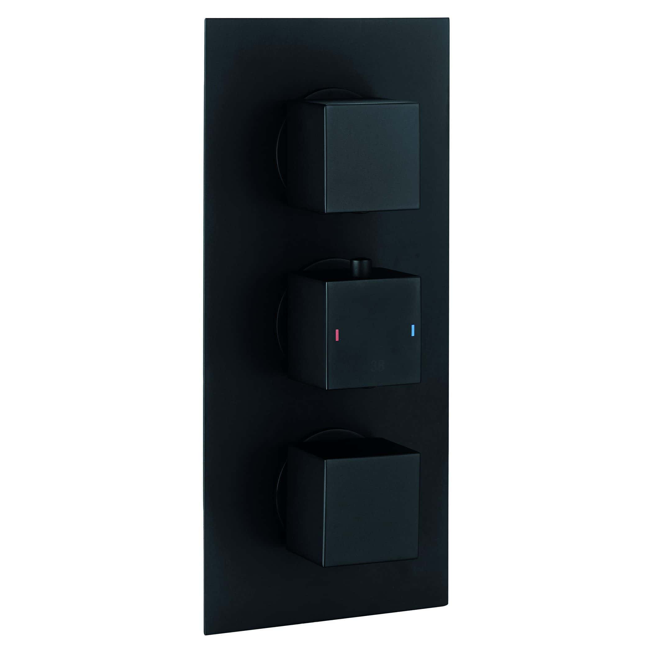 Black modern thermostatic shower control panel for luxury bathroom design, featuring three adjustable knobs and digital temperature display. Perfect for contemporary Bubly Bathrooms installations.