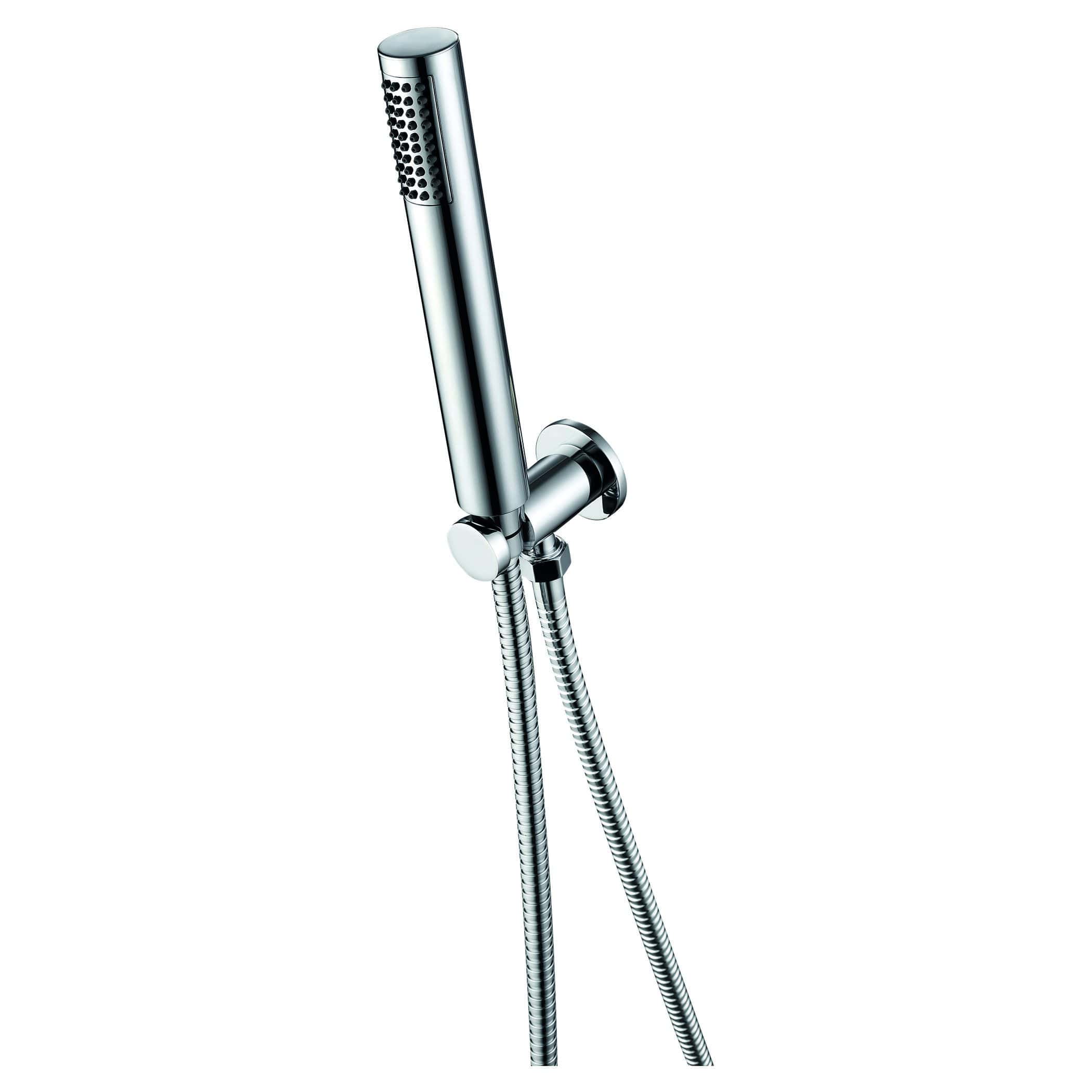 Polished chrome handheld shower head with flexible hose, modern bathroom fixture, luxurious shower accessories, and high-quality bathroom fittings.