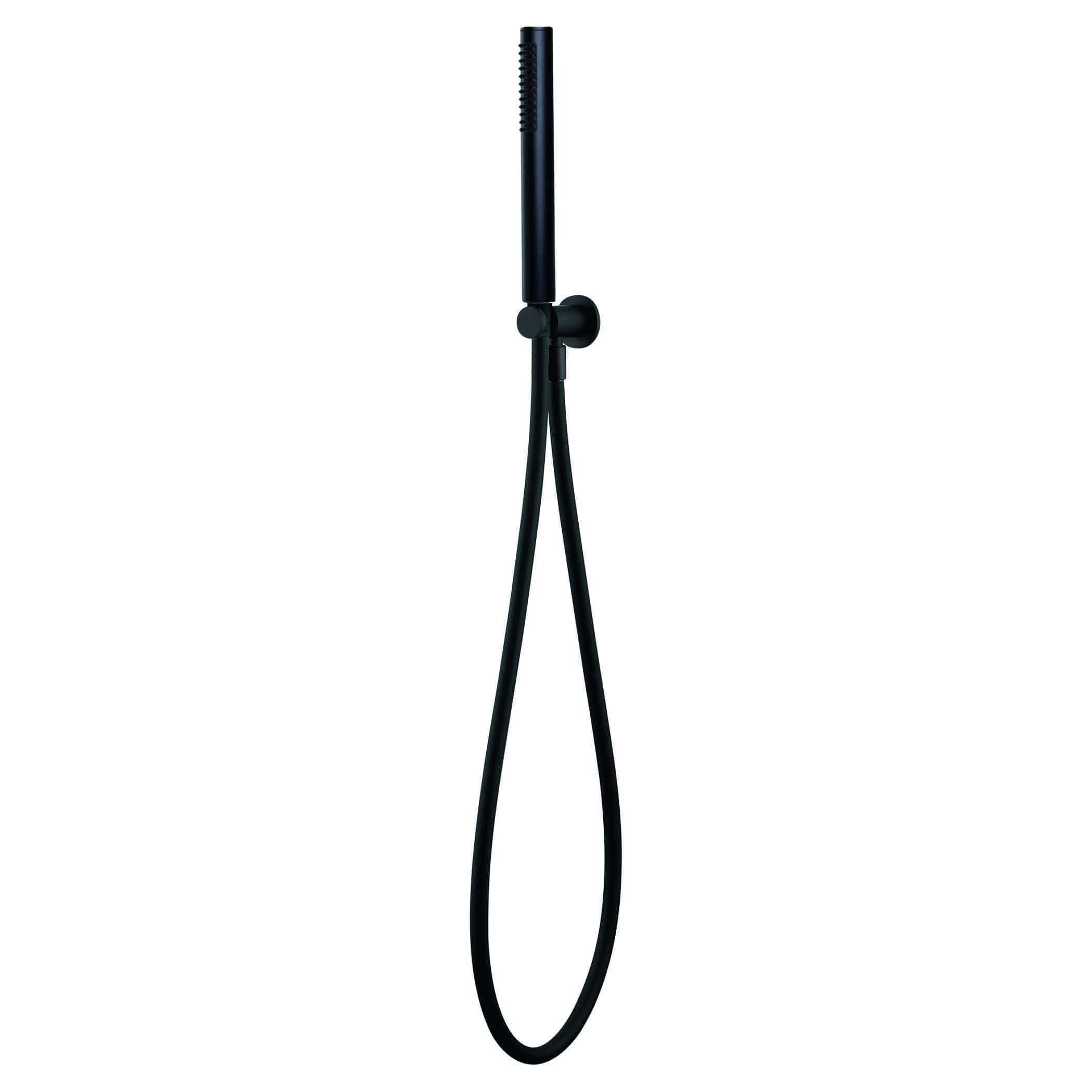 Slim black handheld shower head with flexible hose and adjustable mounting bracket, ideal for modern bathroom upgrades and stylish bathroom fixtures.