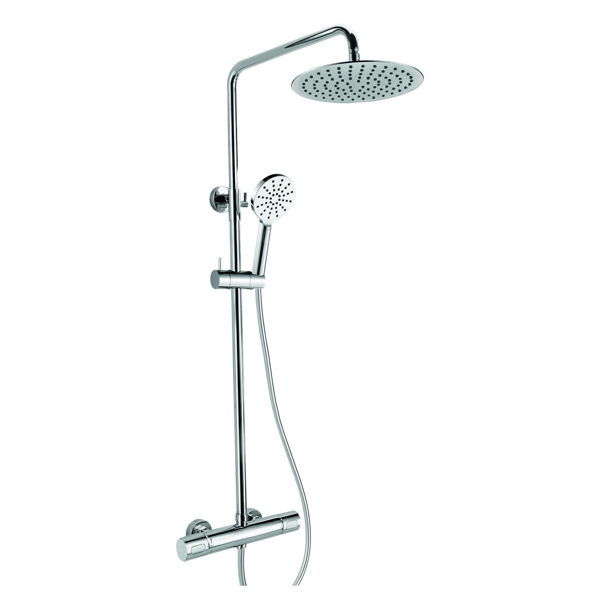 Polished chrome shower system with overhead rainfall showerhead and handheld showerhead, ideal for modern bathroom bathrooms.
