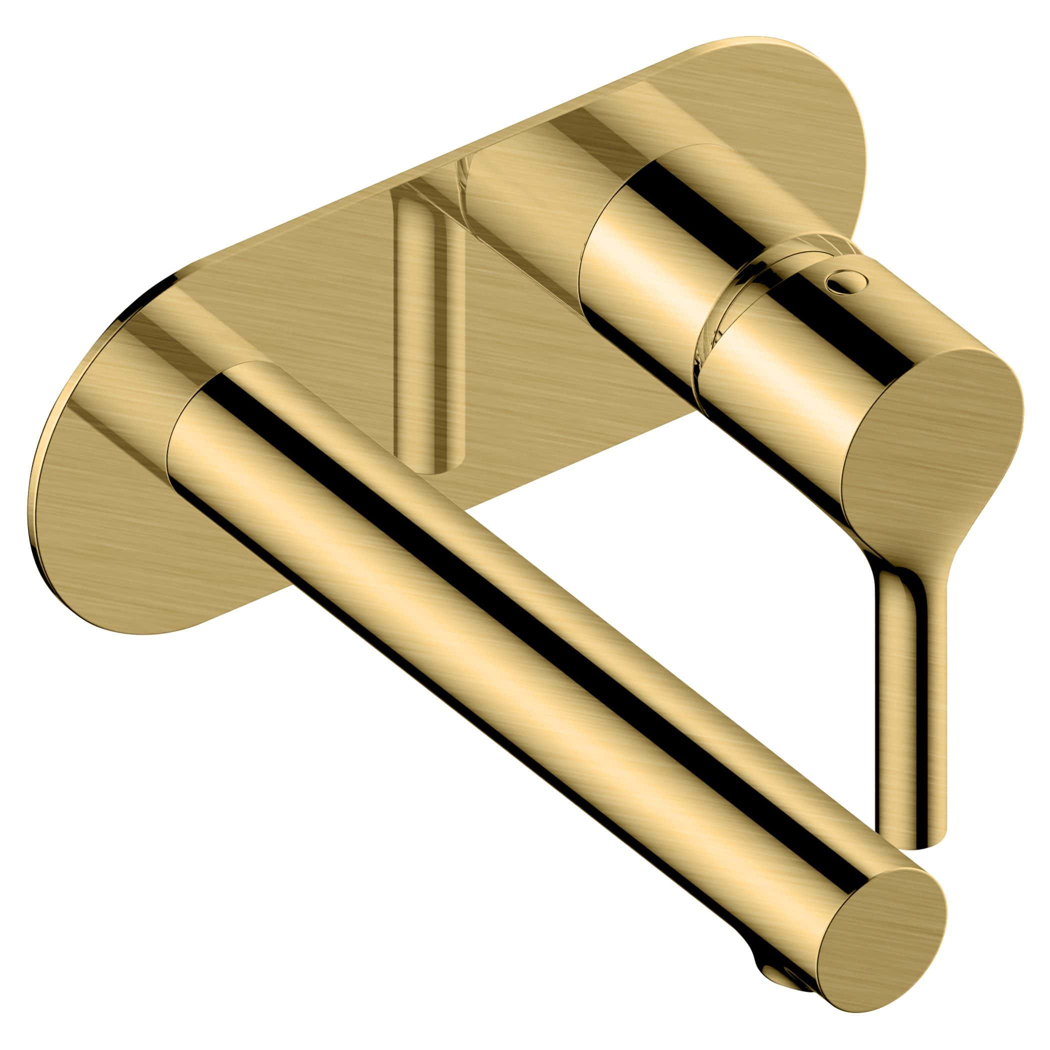 Polished brass bathroom wall-mounted toilet paper holder, modern and elegant design from Bubly Bathrooms. Perfect for contemporary bathrooms, combining durability and style.