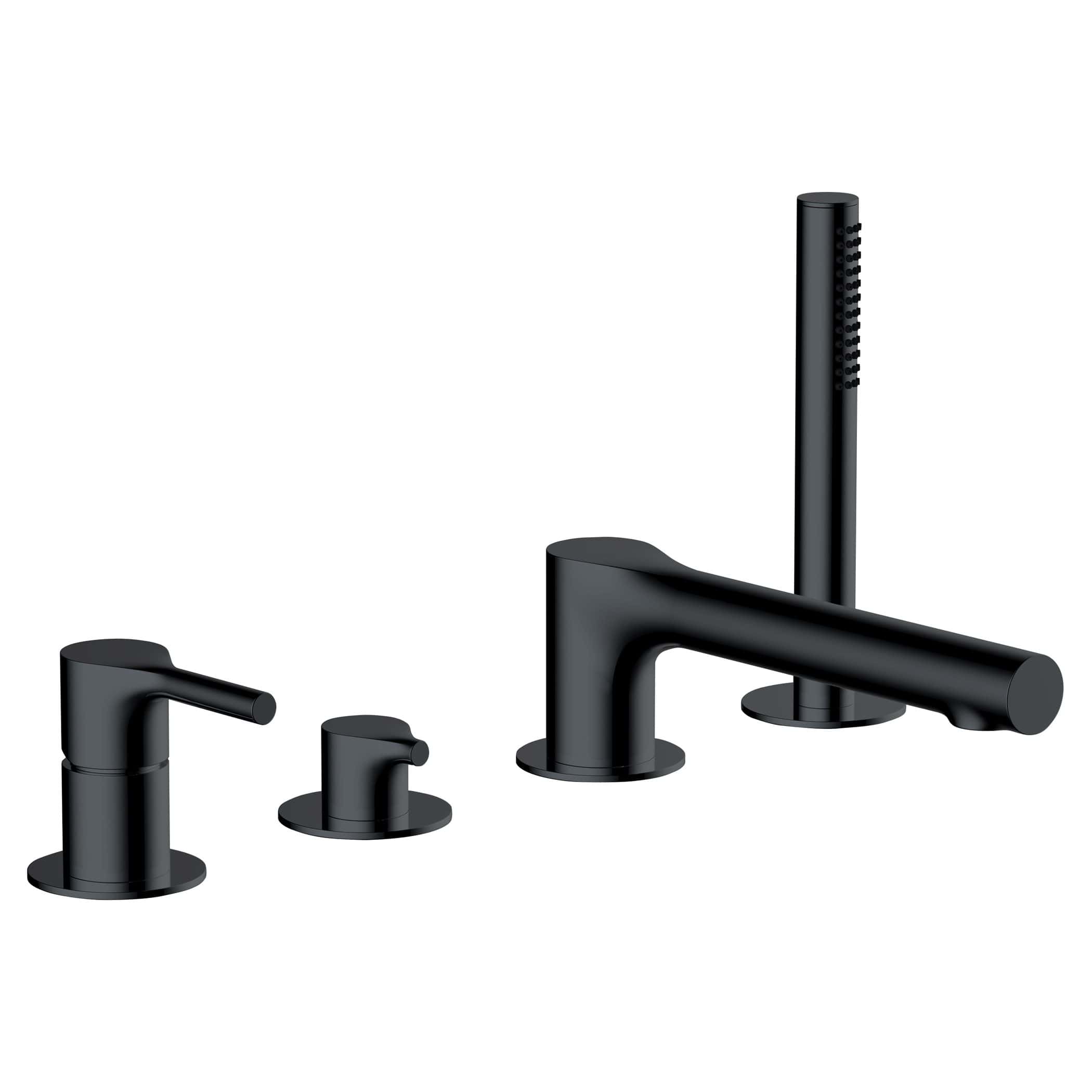 Black matte bathroom mixer tap set with three spouts, including a sink and showerhead, designed for modern bathrooms. Suitable for contemporary bathroom renovation projects and high-end fittings.