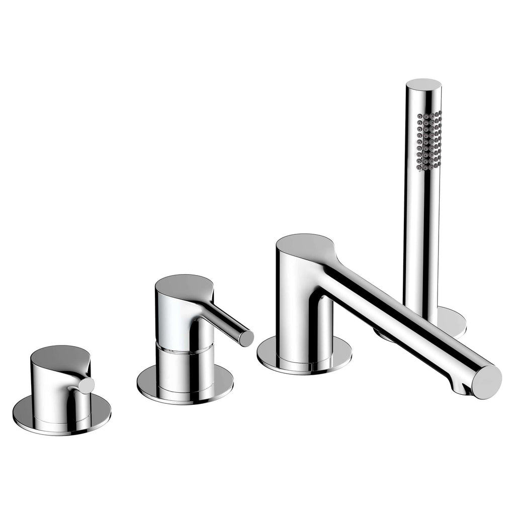 Brushed chrome bathroom tap set with four fixtures including a mixer tap, spout, and handheld shower head, ideal for modern bathroom renovation.