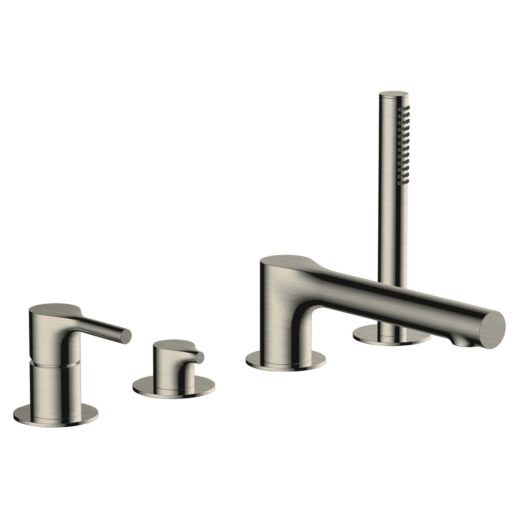 Brushed stainless steel bathroom mixer tap set with a single lever, handheld shower head, and water control handles, ideal for modern bathroom sink and bathtub installations.