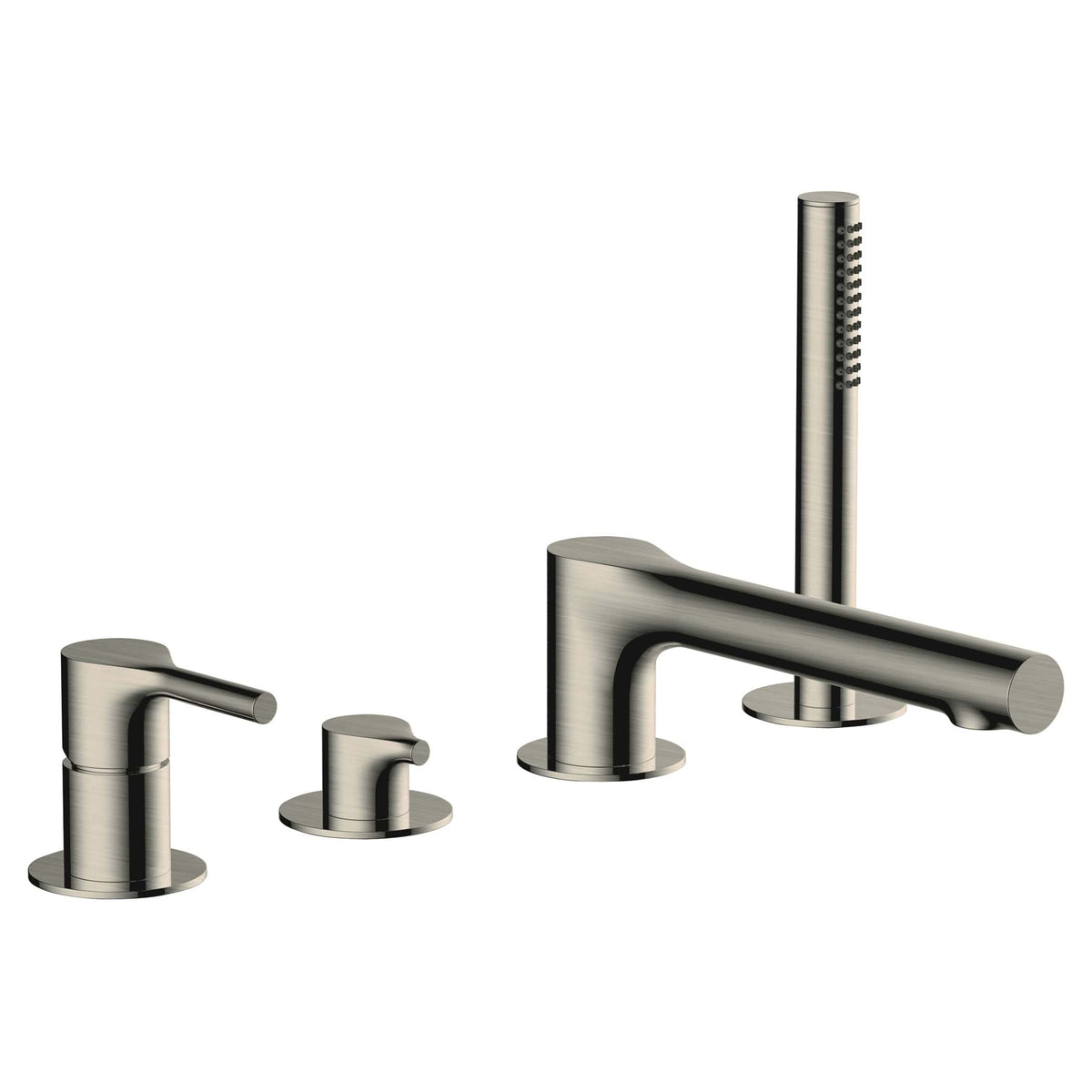 Brushed stainless steel bathroom mixer tap set with a single lever, handheld shower head, and water control handles, ideal for modern bathroom sink and bathtub installations.