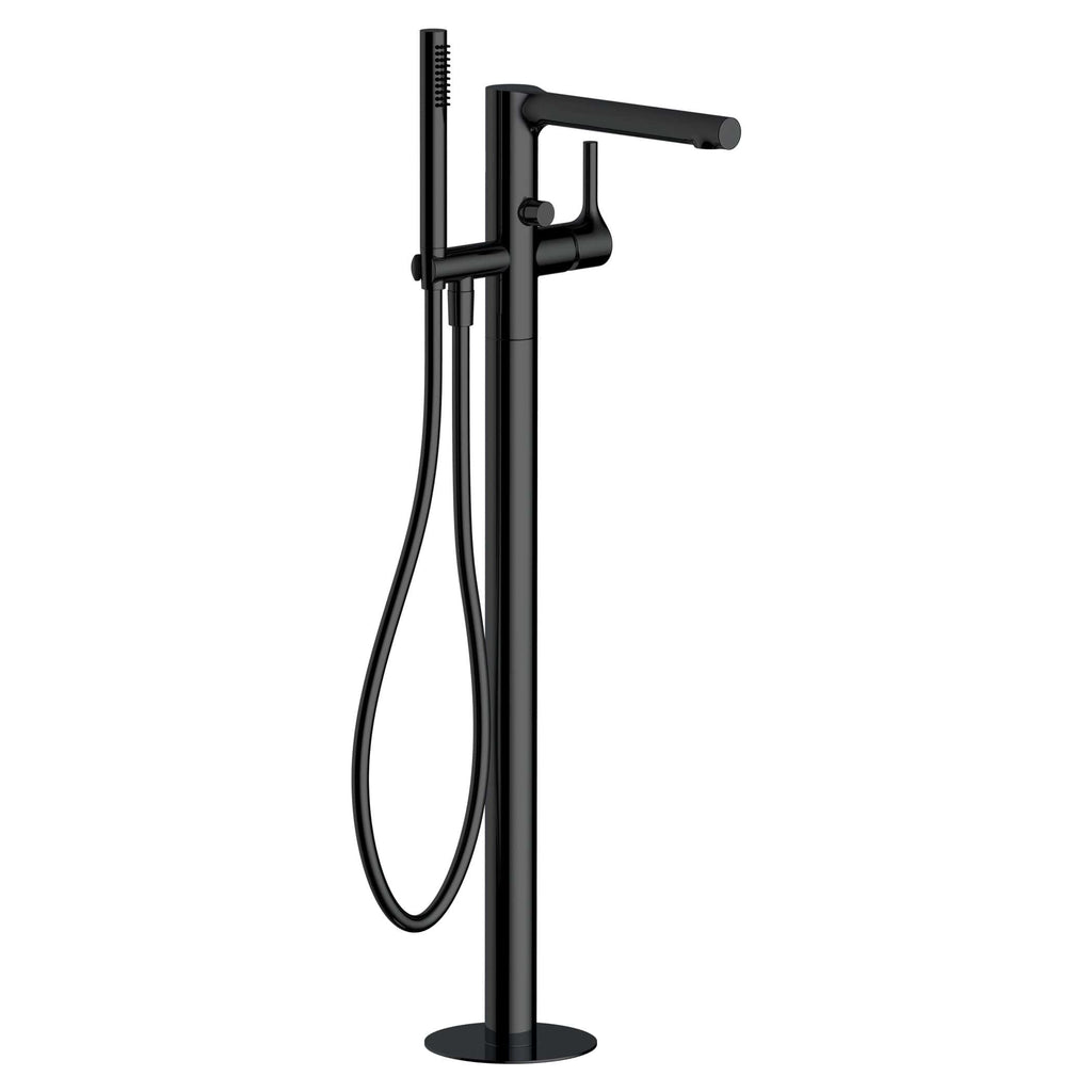 Sleek black freestanding bathroom taps and handheld shower head set, modern bathroom fixtures for stylish and functional bathroom design.