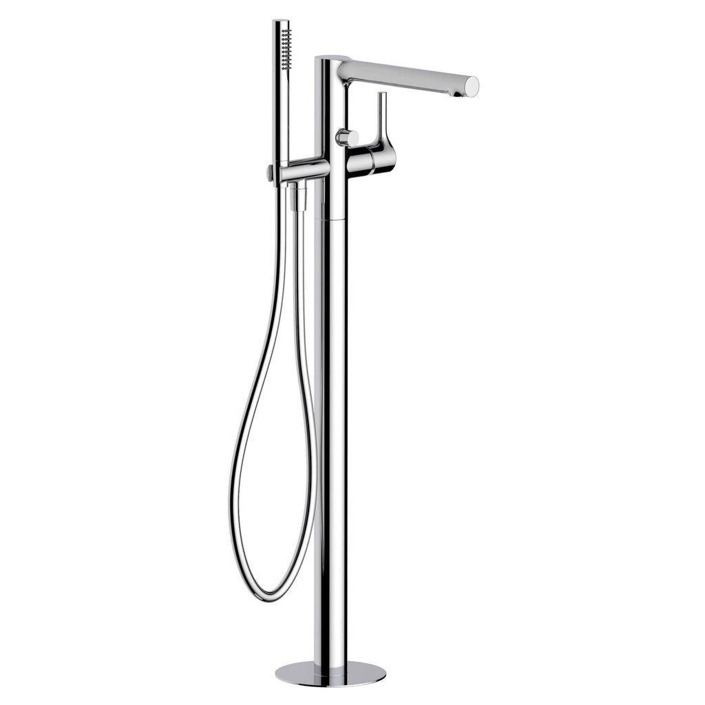 Sleek chrome freestanding bathroom shower mixer with handheld shower and hose, perfect for modern bathrooms and spa settings. Elegant design for luxury bathing experiences.