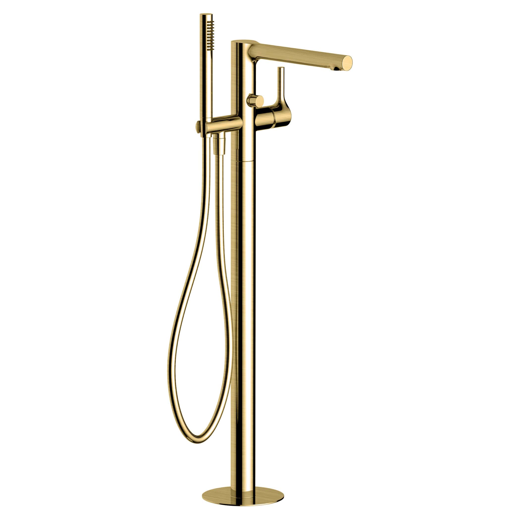 Luxurious gold freestanding bathroom faucet and shower set with modern design, perfect for upscale bathrooms and designer wet rooms.