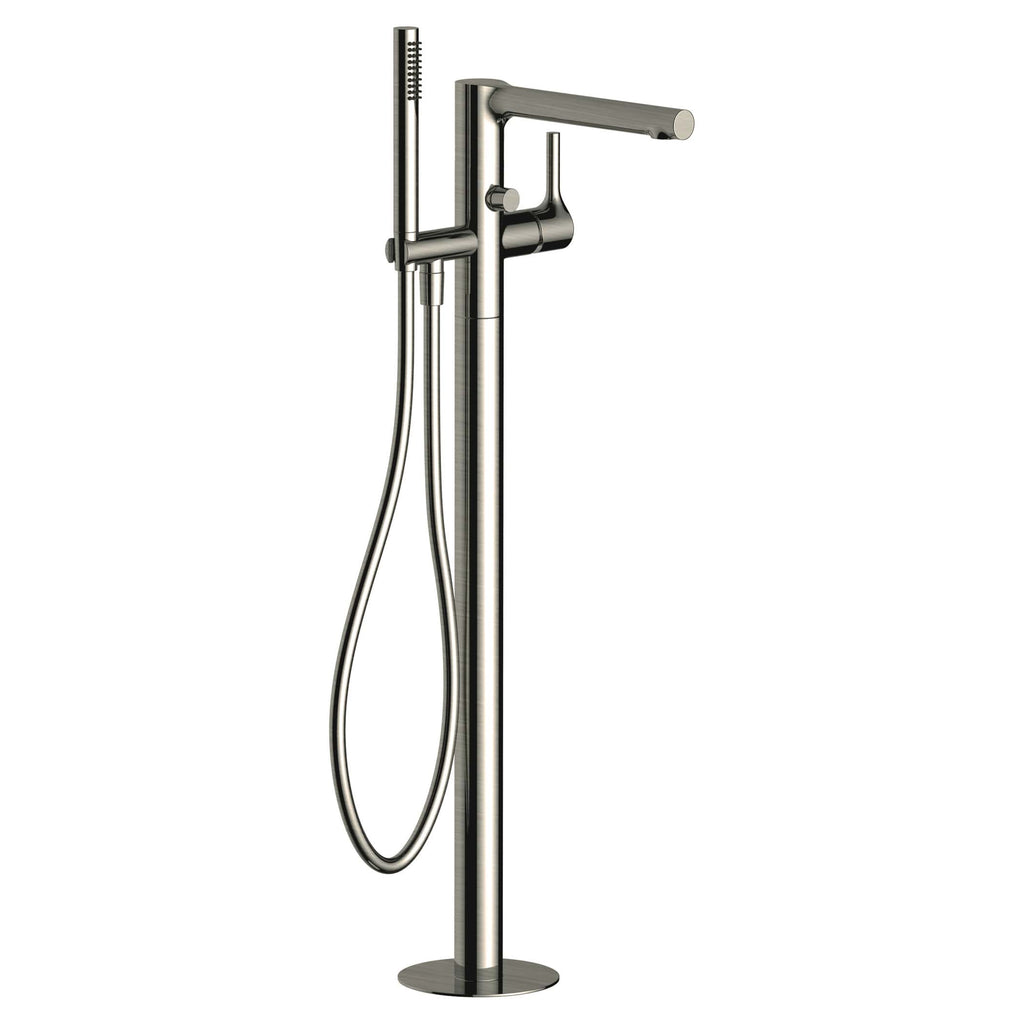Sleek stainless steel freestanding bathroom shower column with handheld showerhead and adjustable height, ideal for modern bathroom remodels and luxury shower setups.