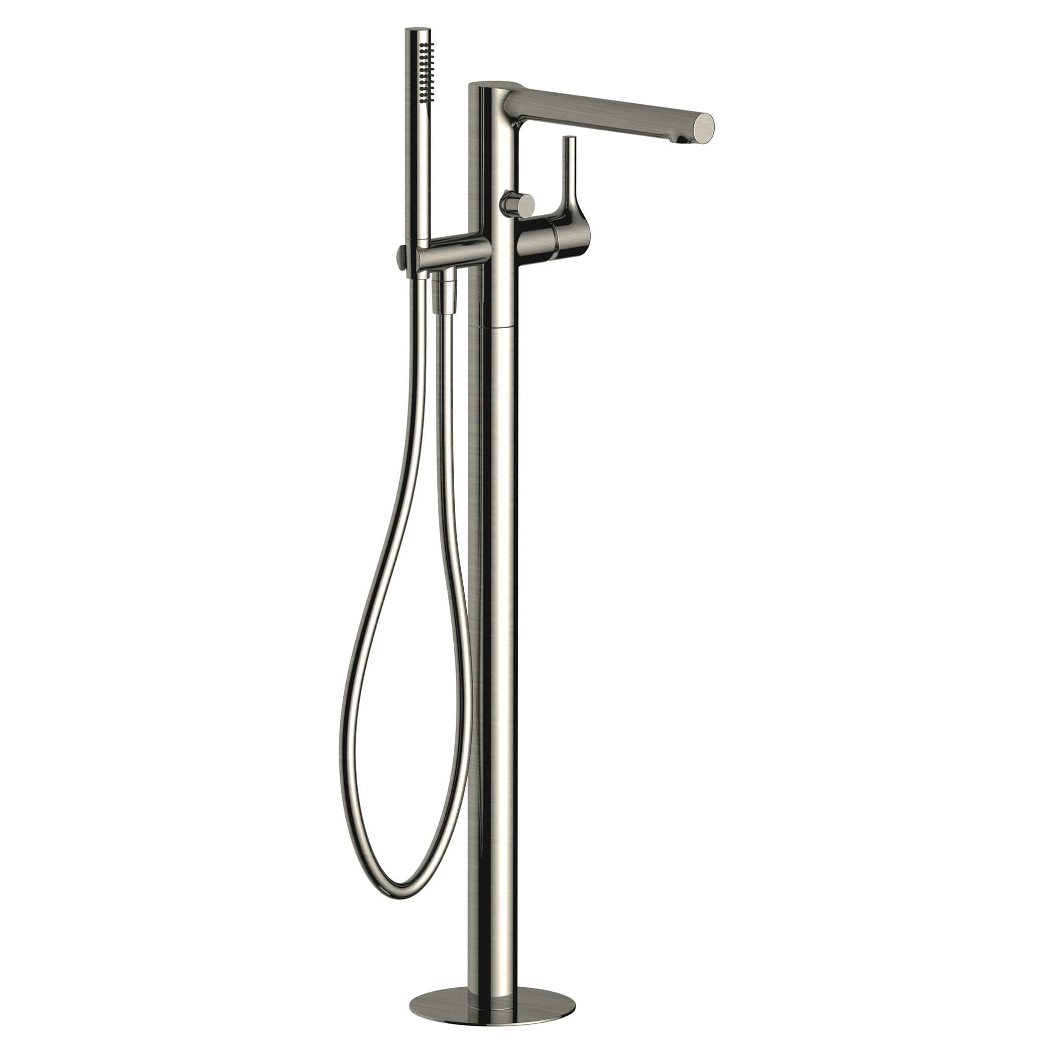 Sleek stainless steel freestanding bathroom shower column with handheld showerhead and adjustable height, ideal for modern bathroom remodels and luxury shower setups.