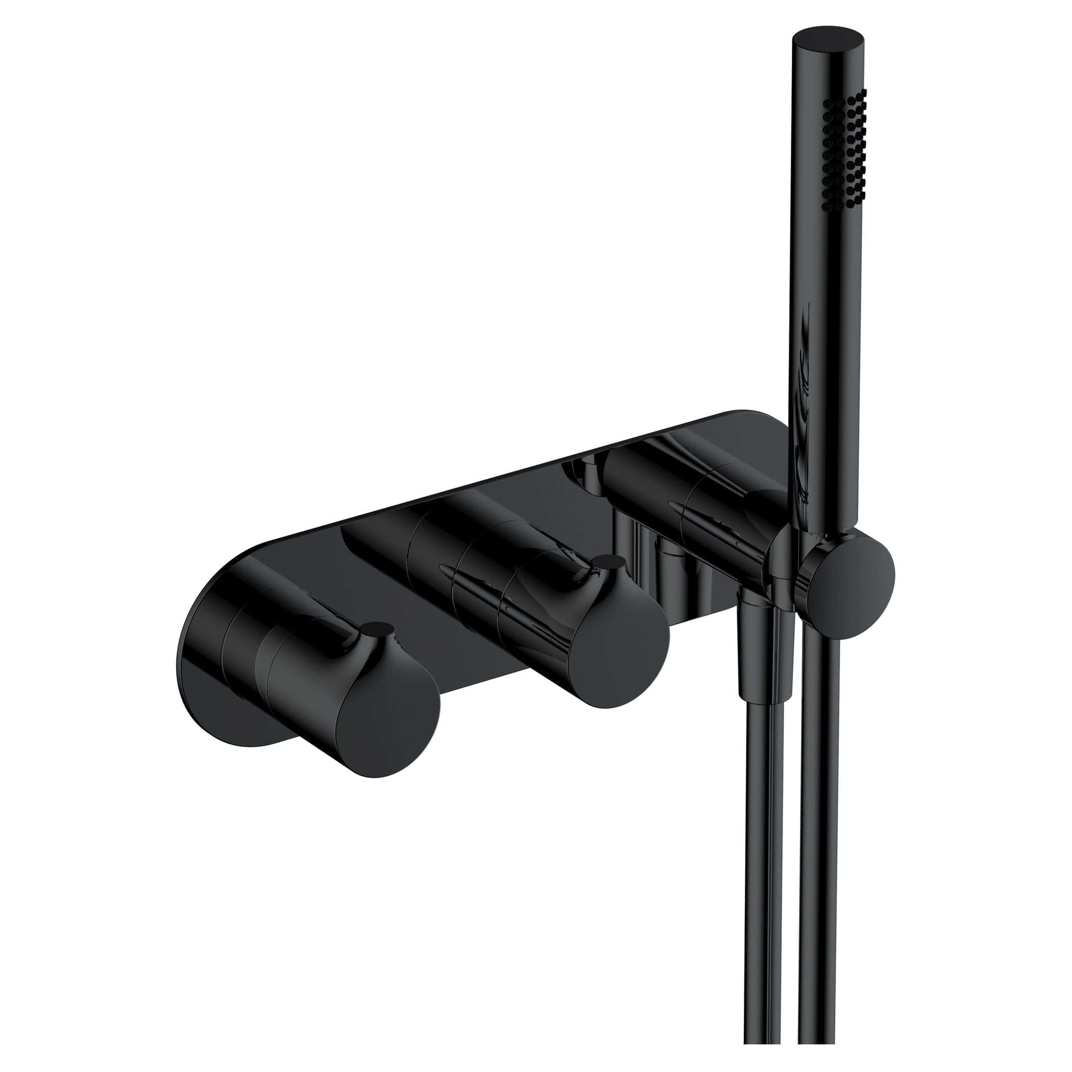 Polished black modern bathroom mixer tap with a handheld shower head for contemporary Bubly Bathrooms designs.