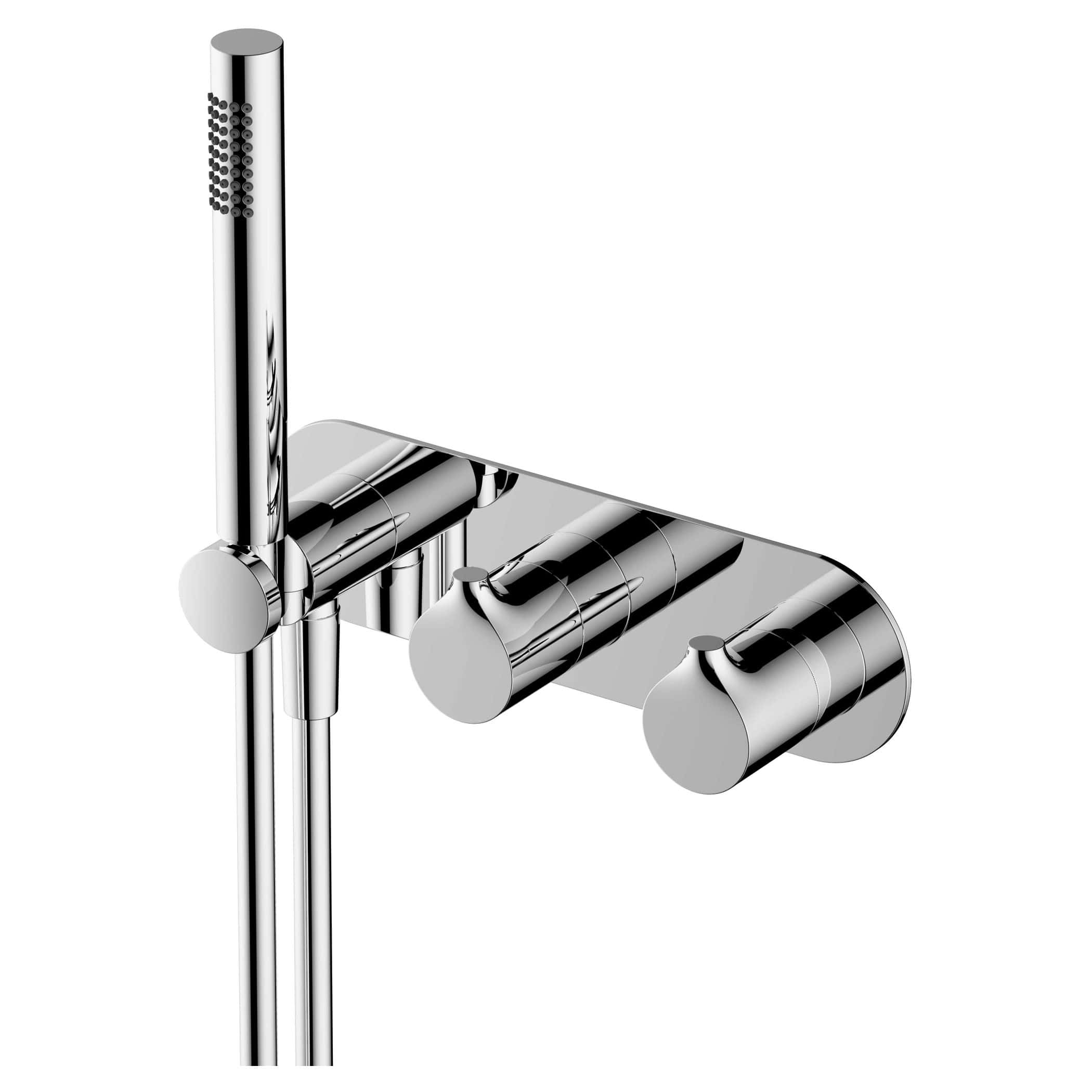 Chrome handheld shower head with adjustable spray settings for modern bathroom design.