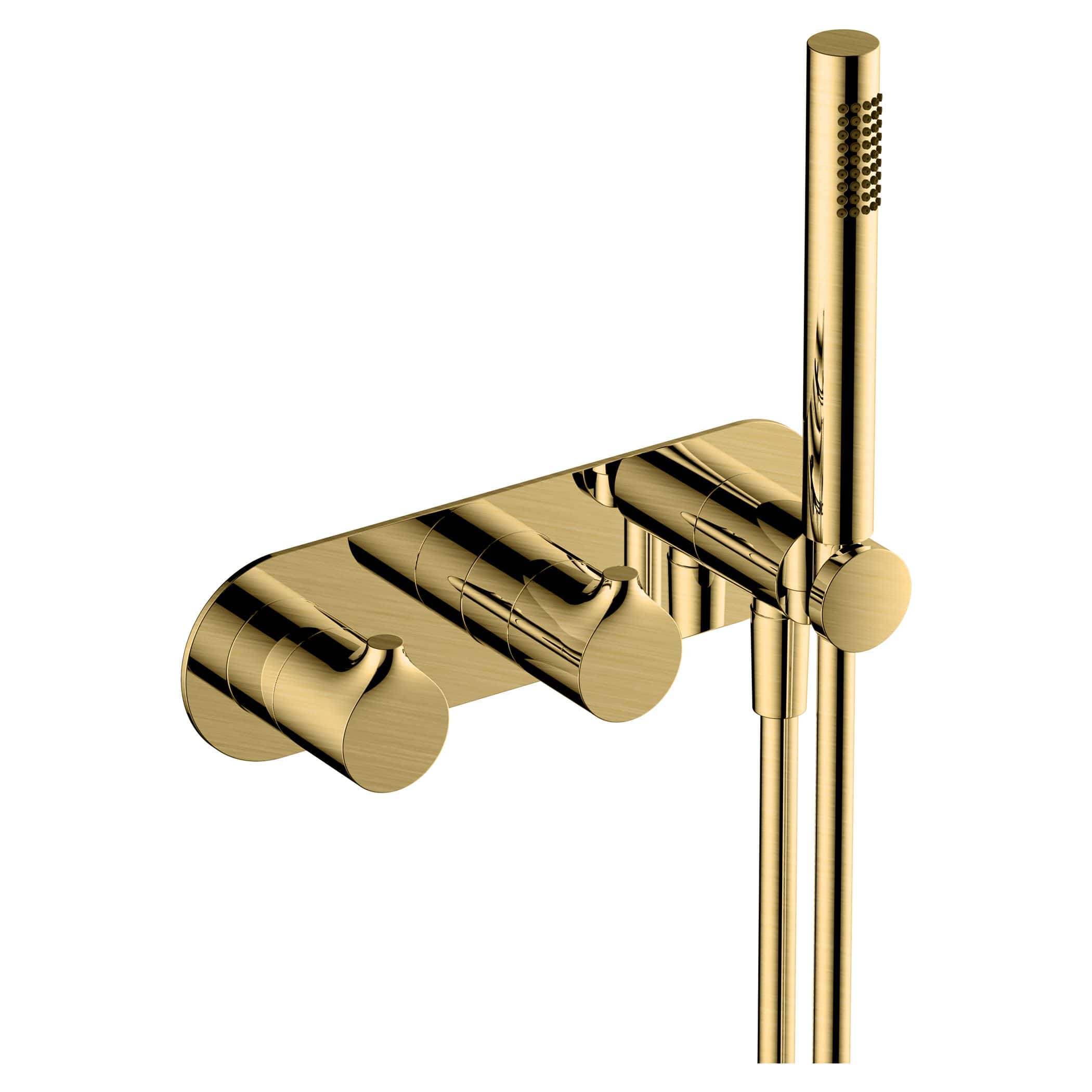 Luxurious gold shower mixer tap with detachable handheld shower head, designed for modern bathroom aesthetics, combining elegance and functionality.