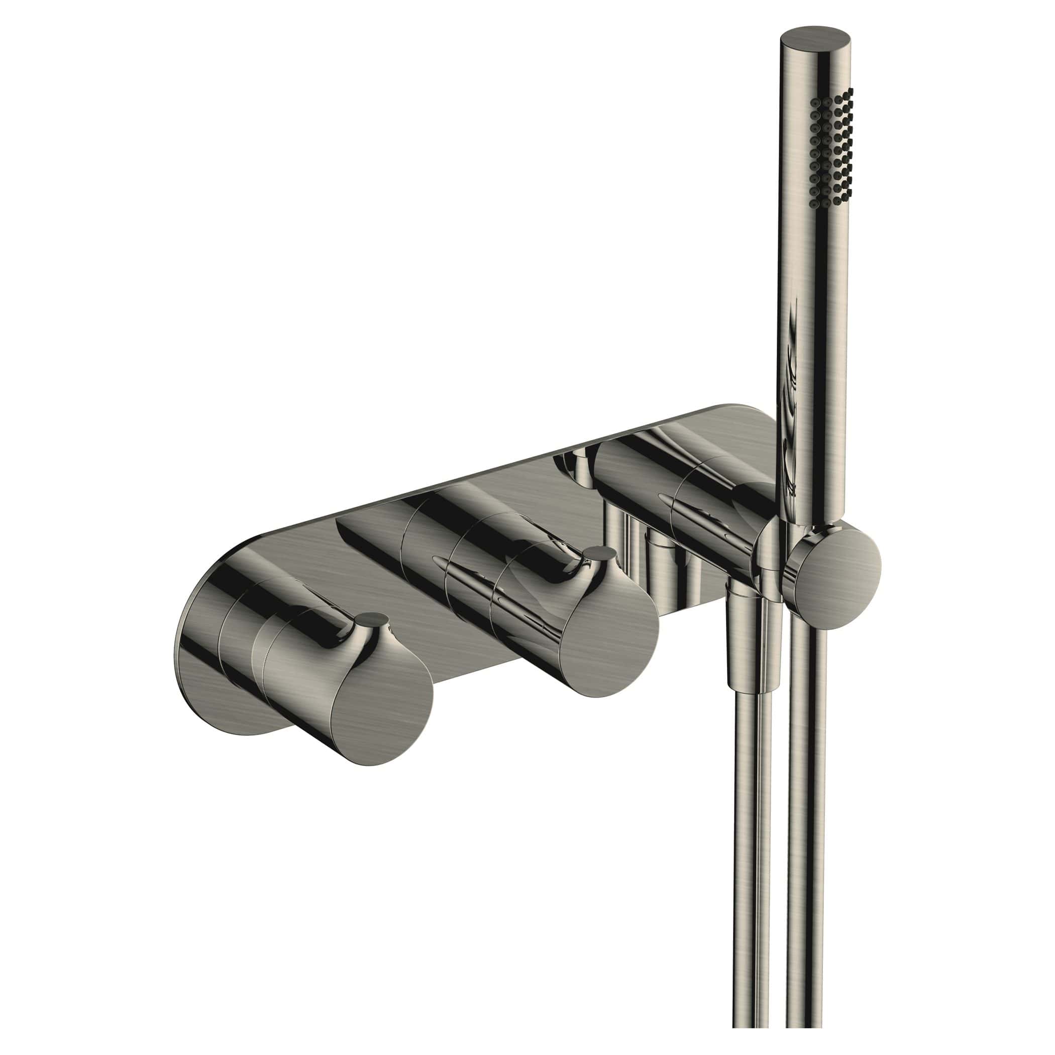 Sleek stainless steel handheld shower head with adjustable controls, modern bathroom fixture, ideal for luxury Bubly Bathrooms shower designs.