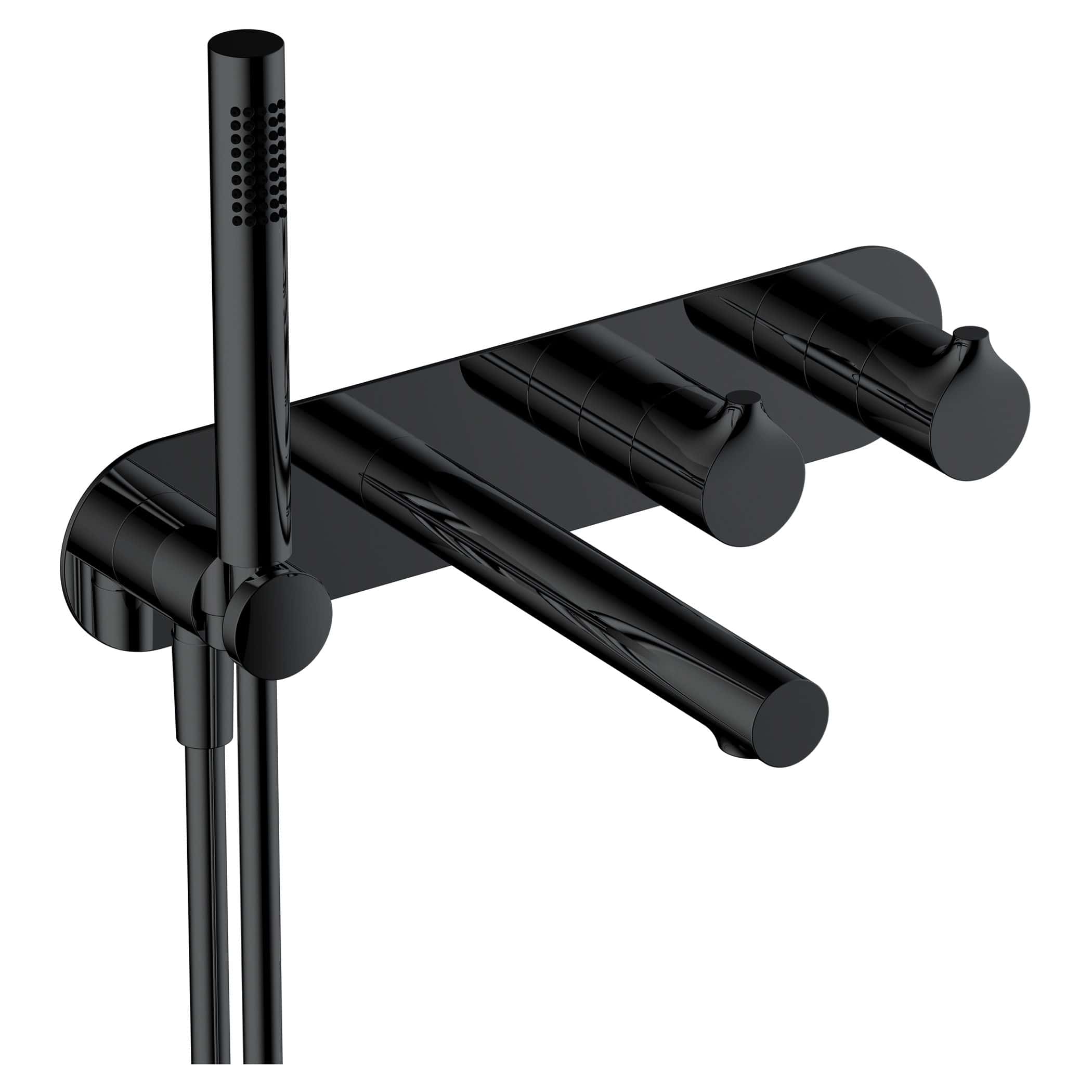 Sleek black shower mixer with adjustable levers and handheld shower head for modern bathroom designs. Perfect for enhancing bathroom aesthetics and functionality.