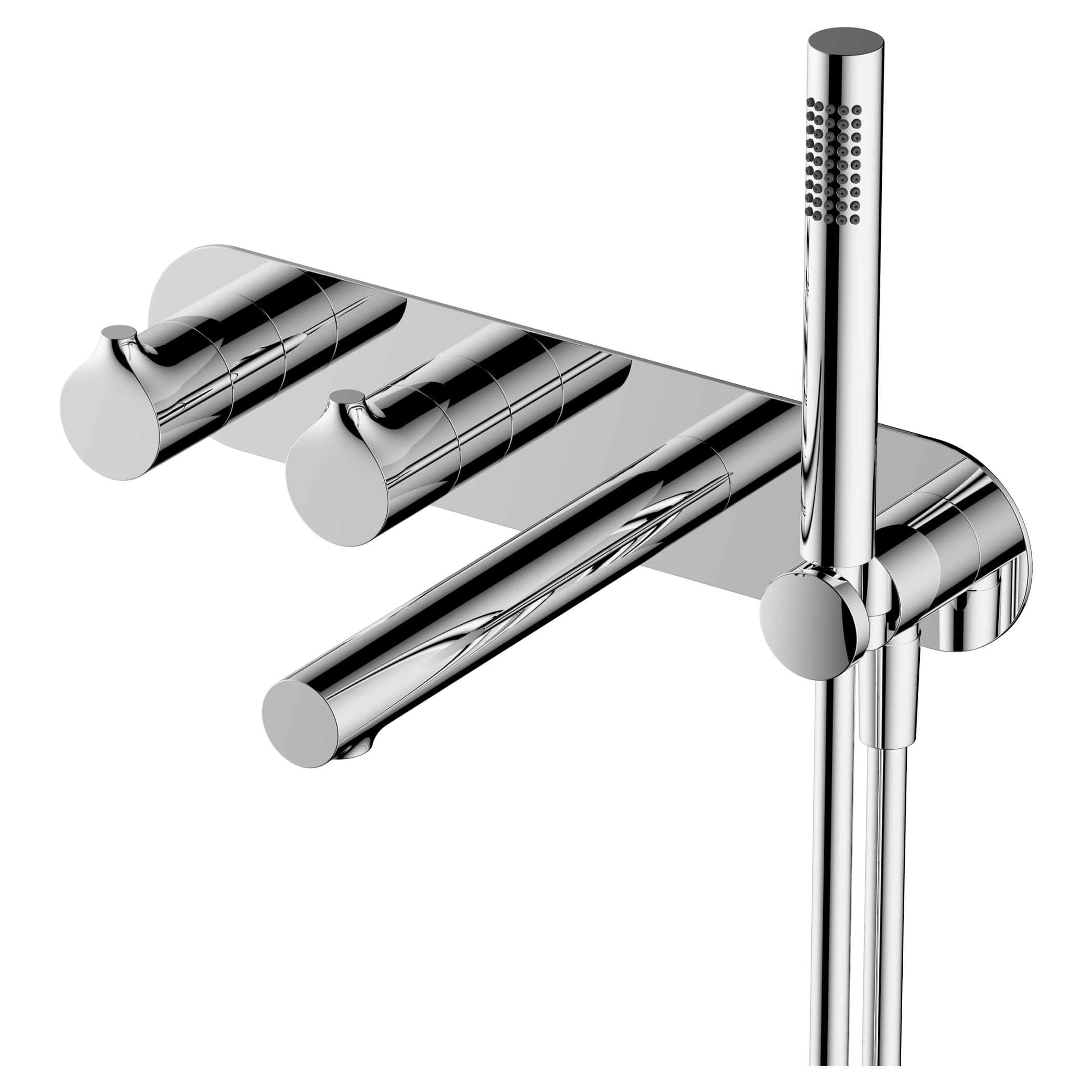 Shiny chrome bathtub mixer tap with a handheld shower head, modern bathroom fixture, designed for stylish and functional bathtub installation.