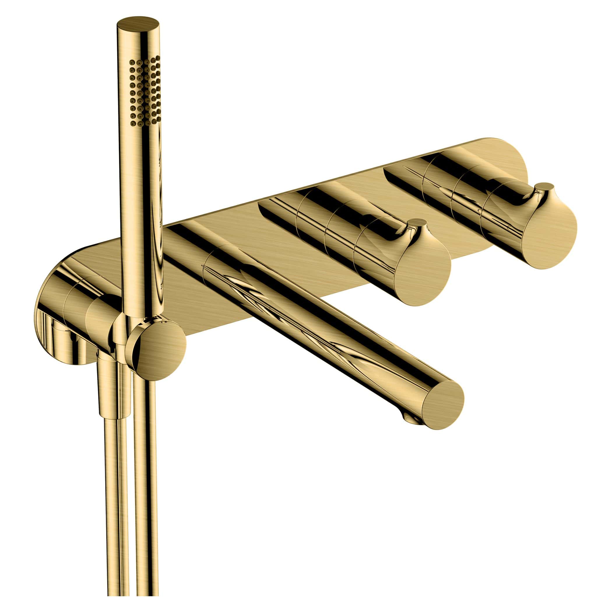 Luxurious gold shower fitting with multiple shower heads and sleek modern design, perfect for upgrading your bathroom with stylish, high-end fixtures for a contemporary bathroom remodel.