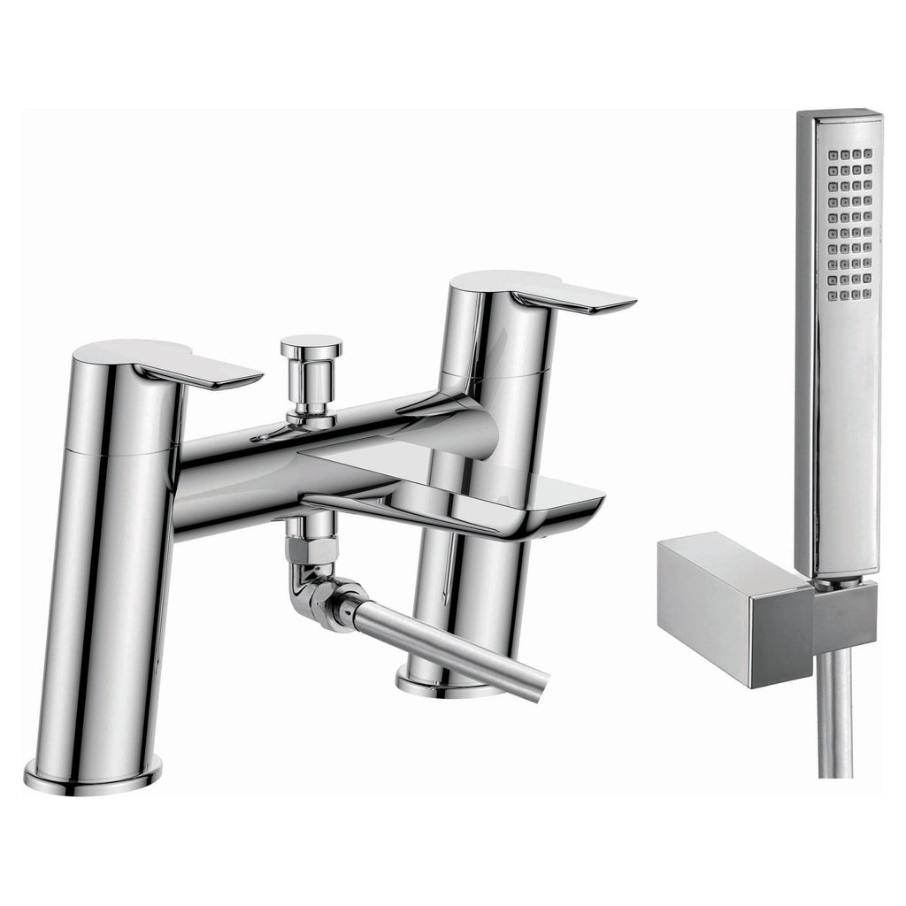 Chrome bathroom mixer tap with handheld shower and modern design, ideal for contemporary bathrooms and shower installations, offering style and functionality.