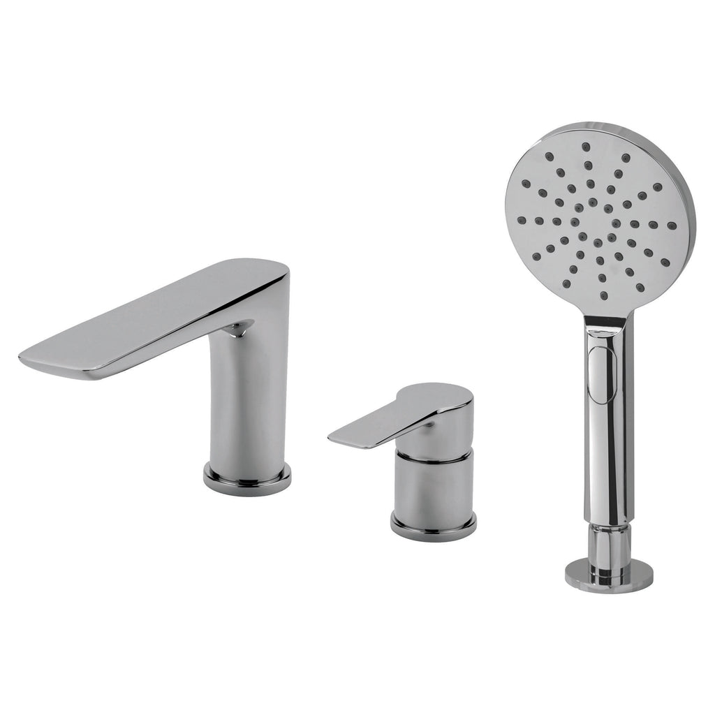 Shiny chrome bathroom mixer tap set including a sink tap, smaller matching tap, and hand shower head with multiple spray options, ideal for modern bathroom renovation.