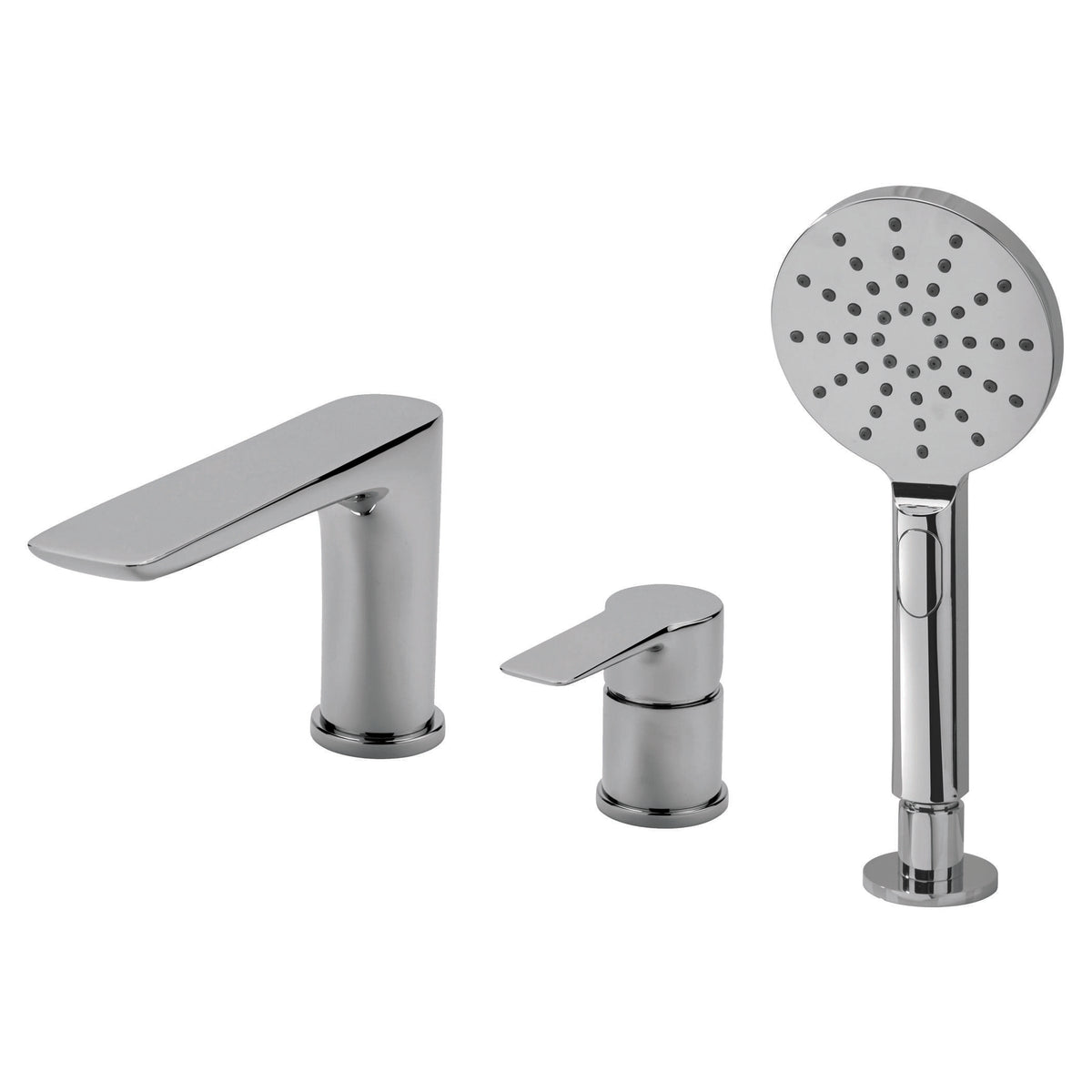Shiny chrome bathroom mixer tap set including a sink tap, smaller matching tap, and hand shower head with multiple spray options, ideal for modern bathroom renovation.