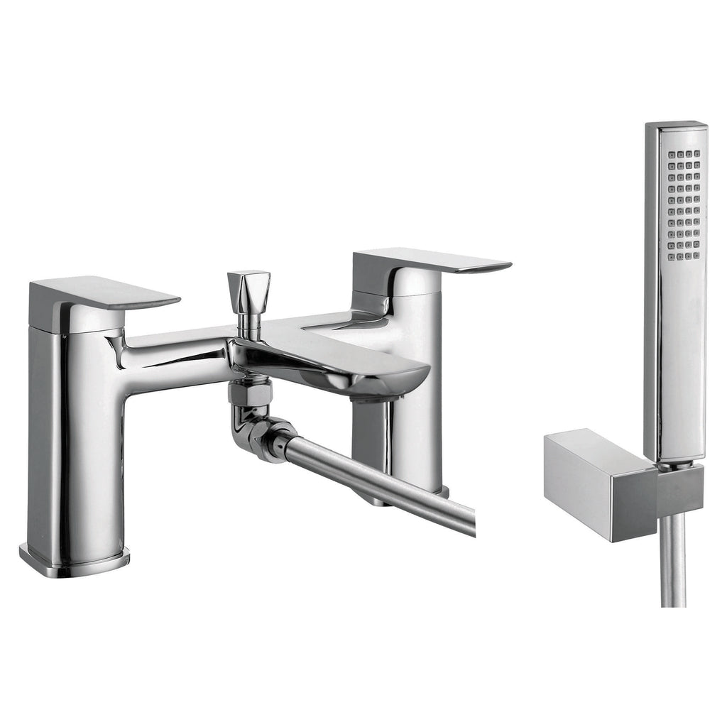 Chrome bathroom tap and shower fixture set with modern handles and sleek design, ideal for contemporary bathroom upgrades and fittings.
