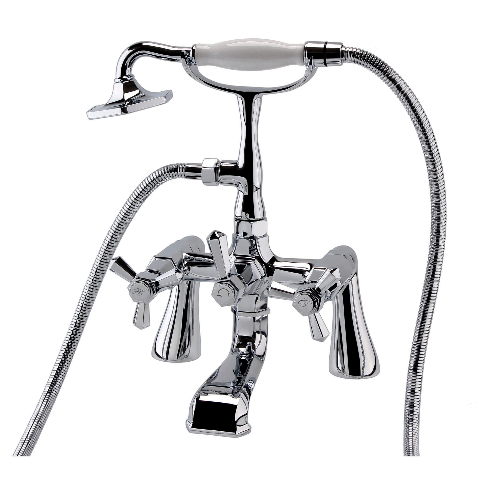 Shiny chrome bathtub mixer tap with handheld shower head and flexible hose, modern bathroom plumbing fixture.