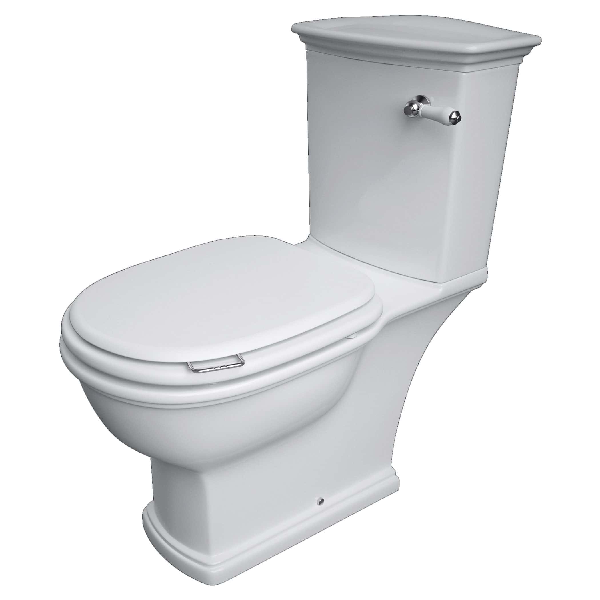 Modern white close-coupled toilet with a ceramic cistern, ideal for contemporary bathrooms, featuring a dual flush system for water efficiency.