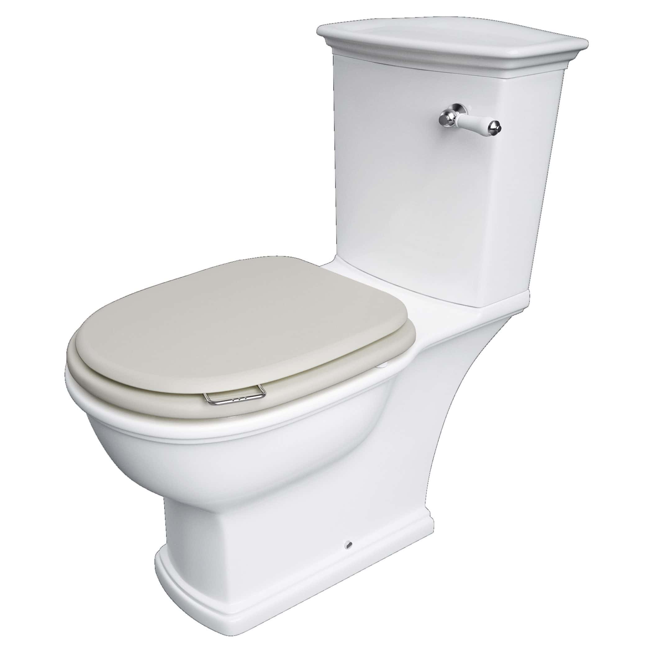 Toilet with beige seat and chrome flush handle, modern bathroom fixture for comfortable and hygienic use, ideal for residential or commercial bathrooms.