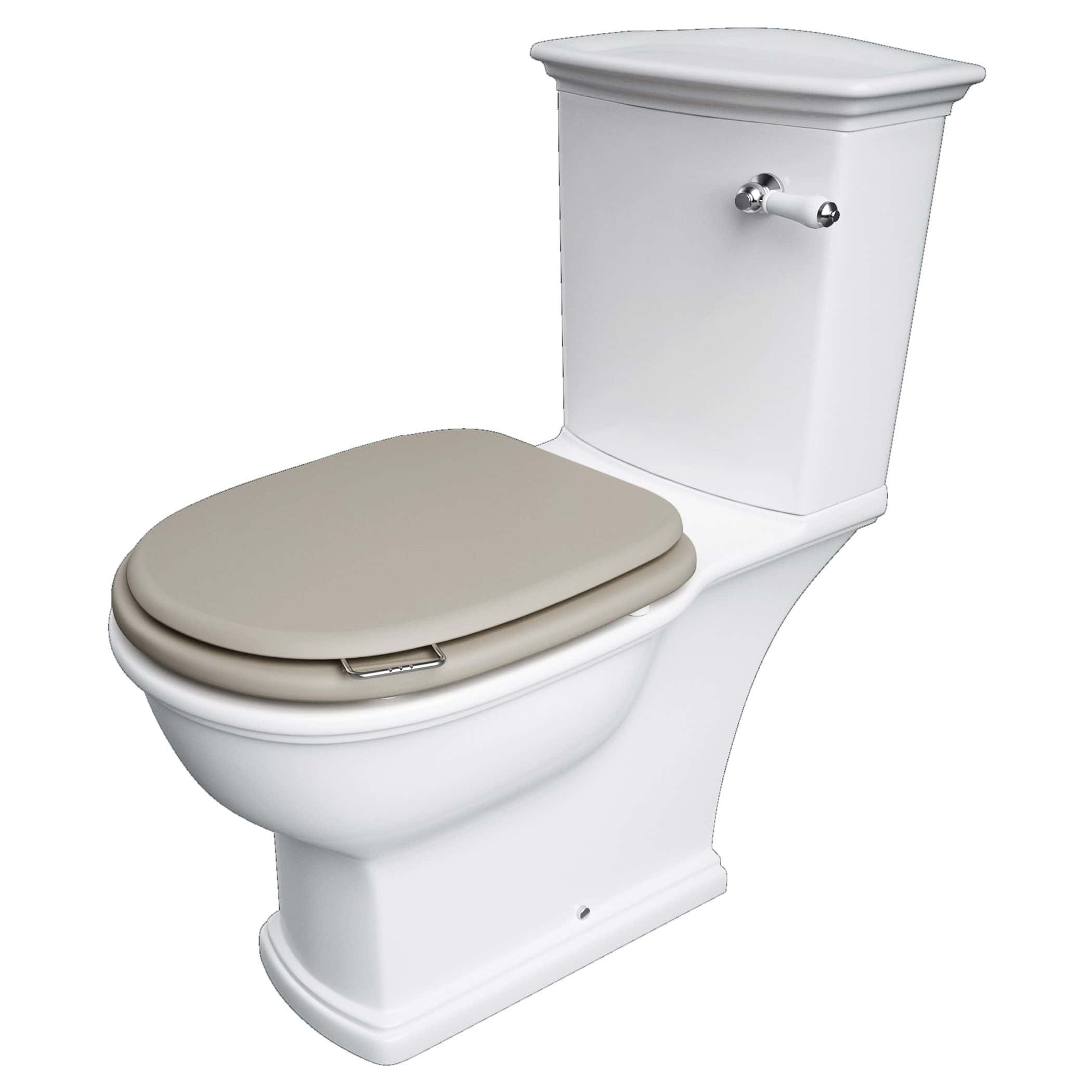 White traditional close-coupled toilet with beige soft-close toilet seat, ideal for modern bathroom setups.