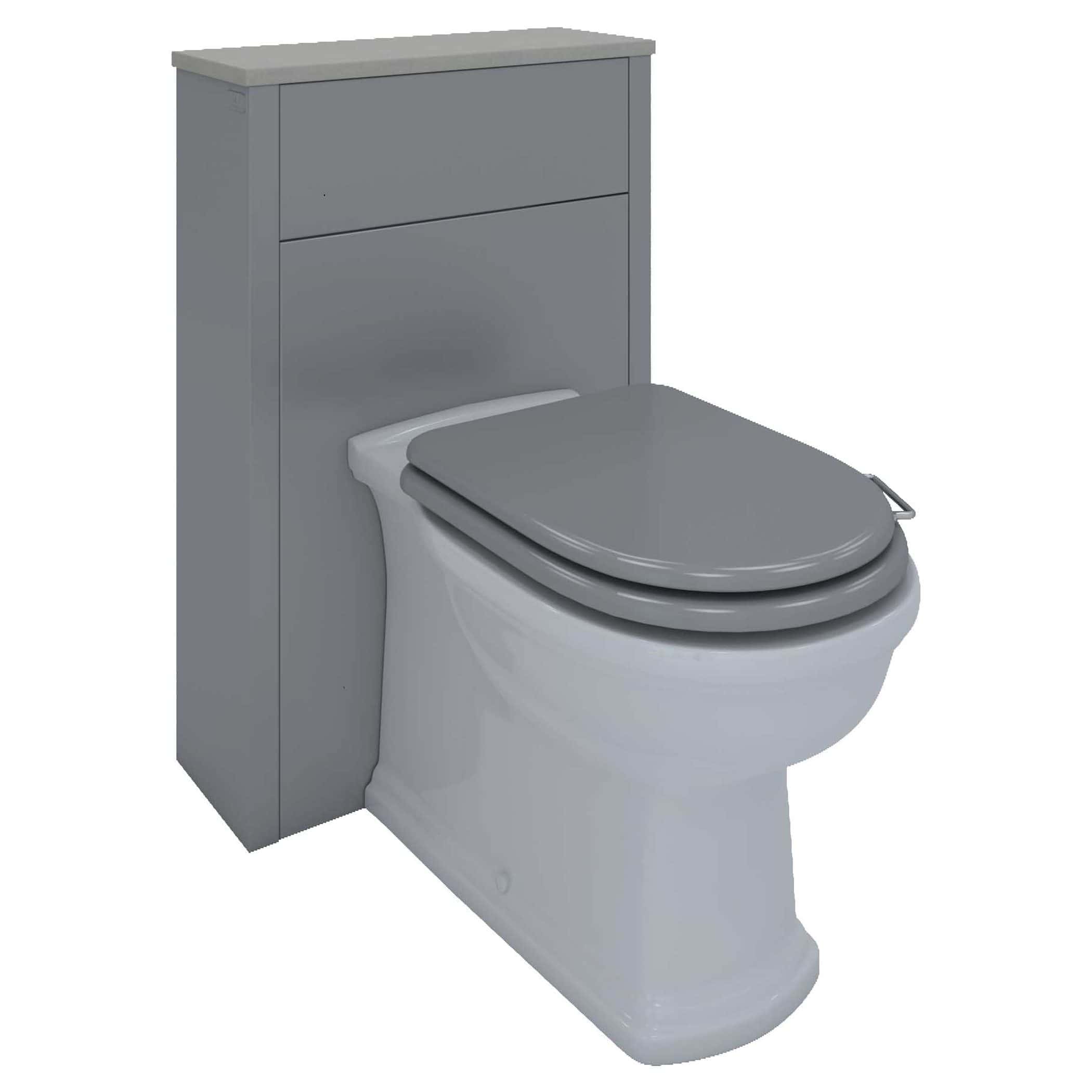 Modern grey toilet with integrated storage cabinet, ideal for contemporary bathroom storage solutions.