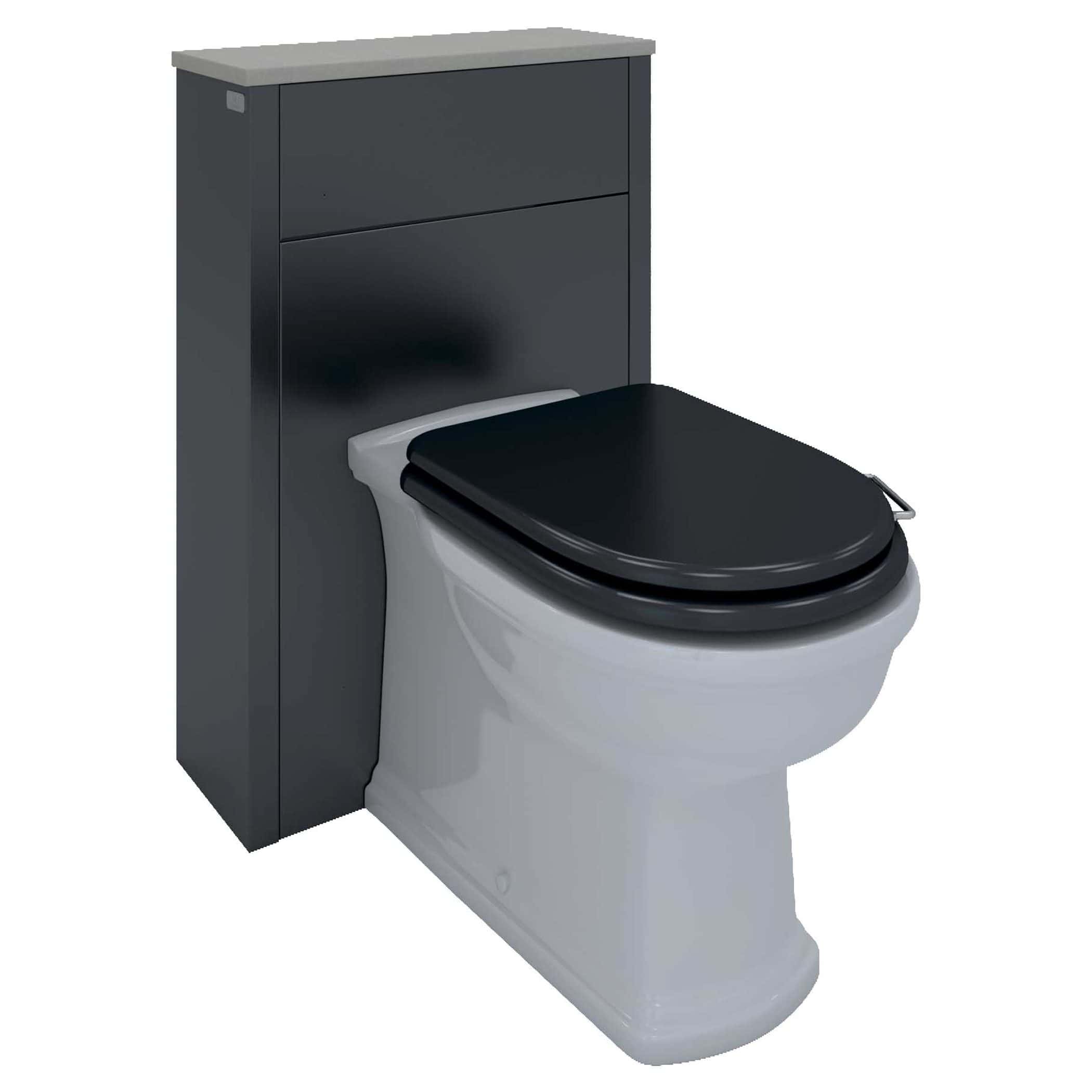 Contemporary close-coupled toilet with black toilet seat and grey concealed cistern, ideal for modern bathrooms and space-saving solutions.
