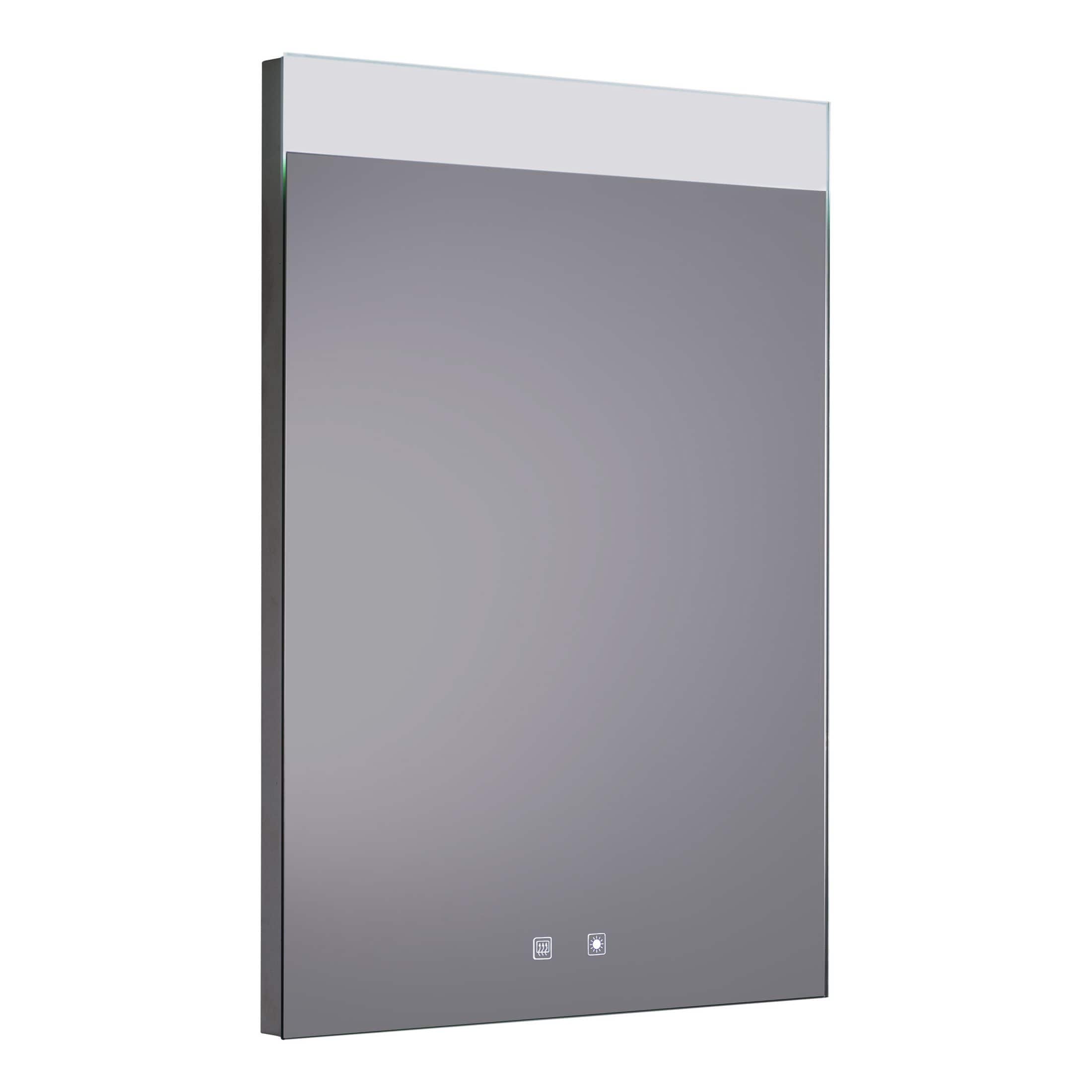 Polished stainless steel bathroom mirror with built-in LED lighting and defogger, ideal for modern bathrooms, enhances space with sleek design and functional LED features.