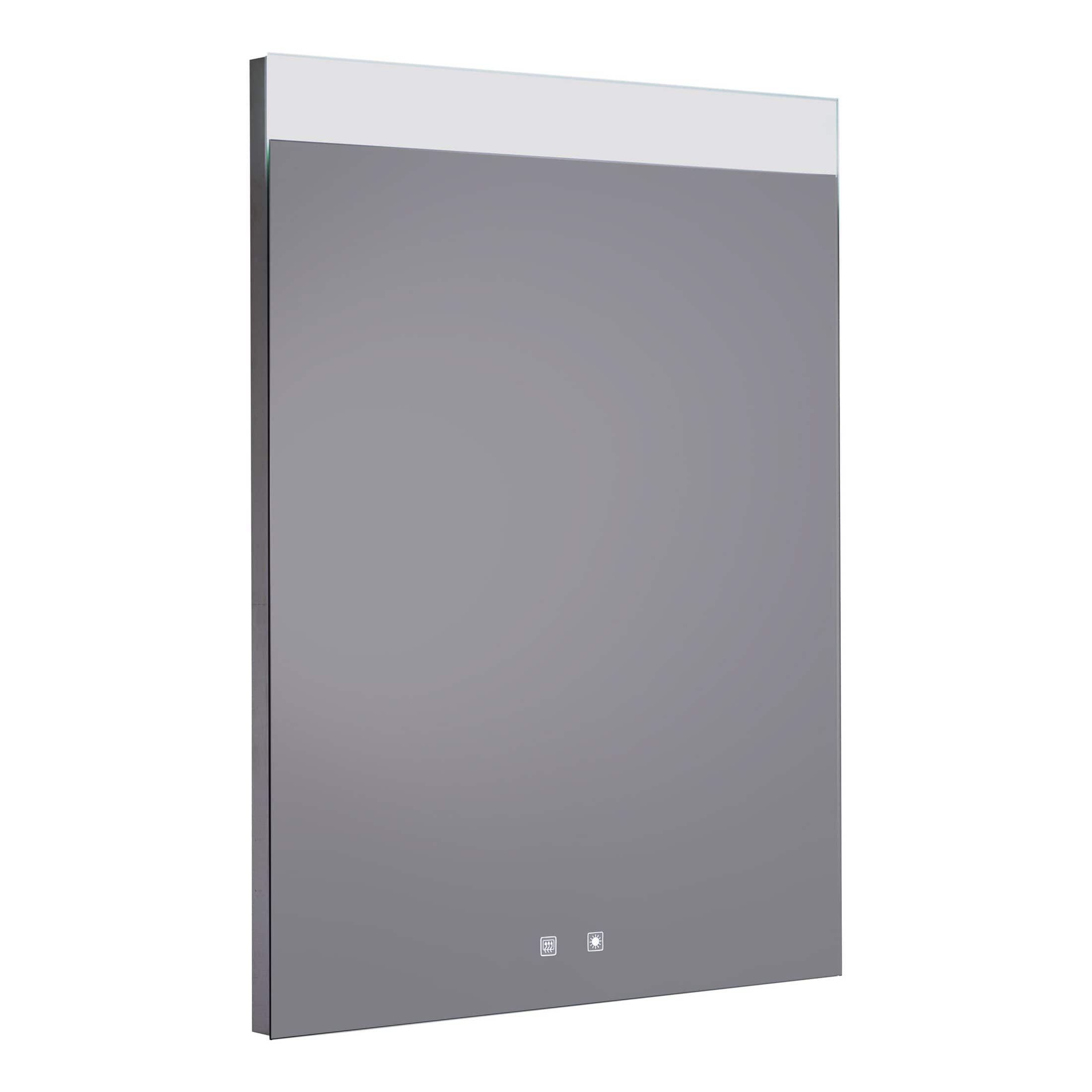 Sleek grey modern bathroom mirror with touch controls and LED lighting, ideal for contemporary bathroom settings.