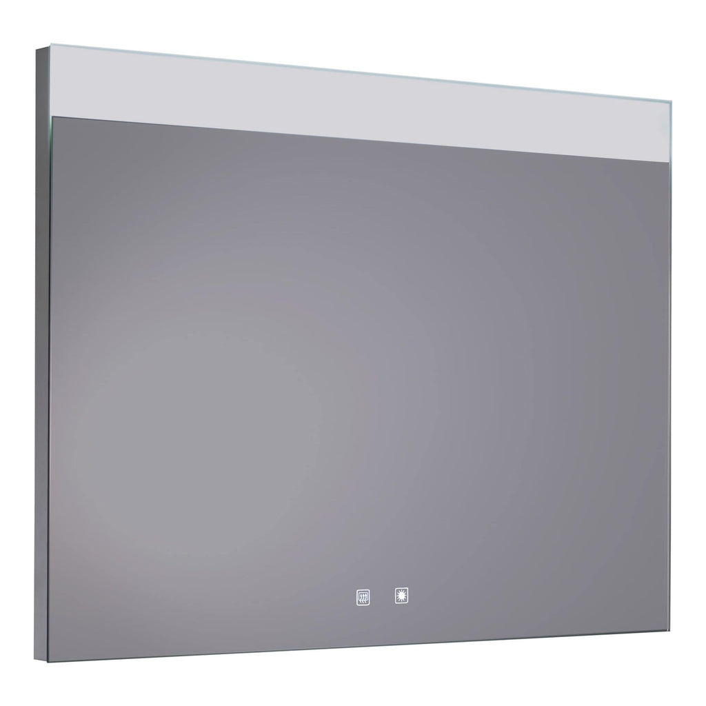 Sleek modern bathroom mirror with touch controls and built-in lighting, perfect for contemporary bathroom decor and enhancing space and ambiance.