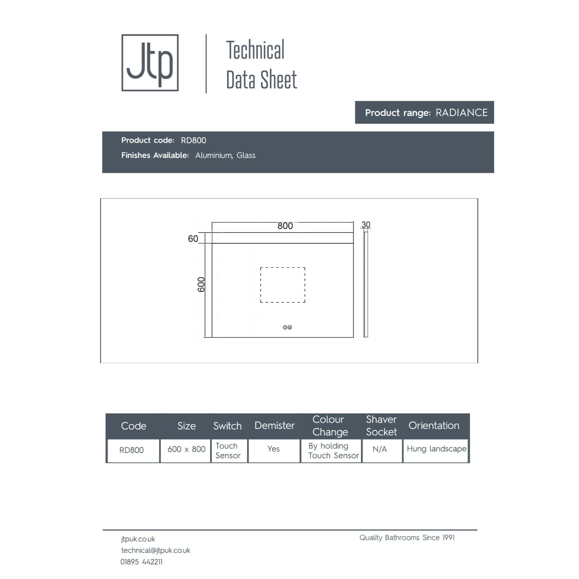 Radiance bathroom mirror with touch sensor, aluminium and glass finishes, modern wall-mounted bathroom mirror, sleek design for contemporary bathrooms, technical data sheet from Bubly Bathrooms.