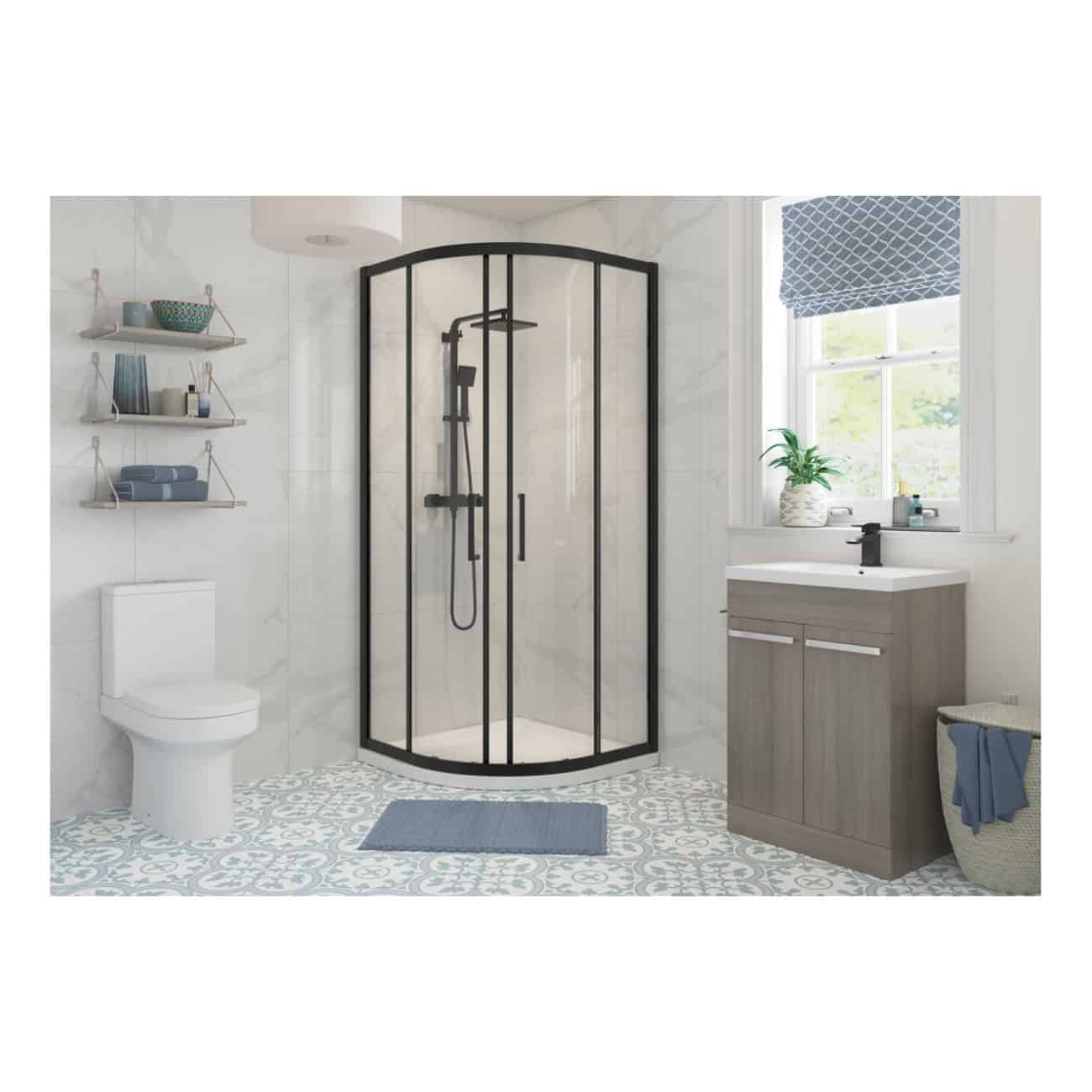 Modern bathroom with black-framed walk-in shower, white marble tiles, contemporary vanity unit, toilet, wall shelves, and decorative elements, creating a stylish and functional space.