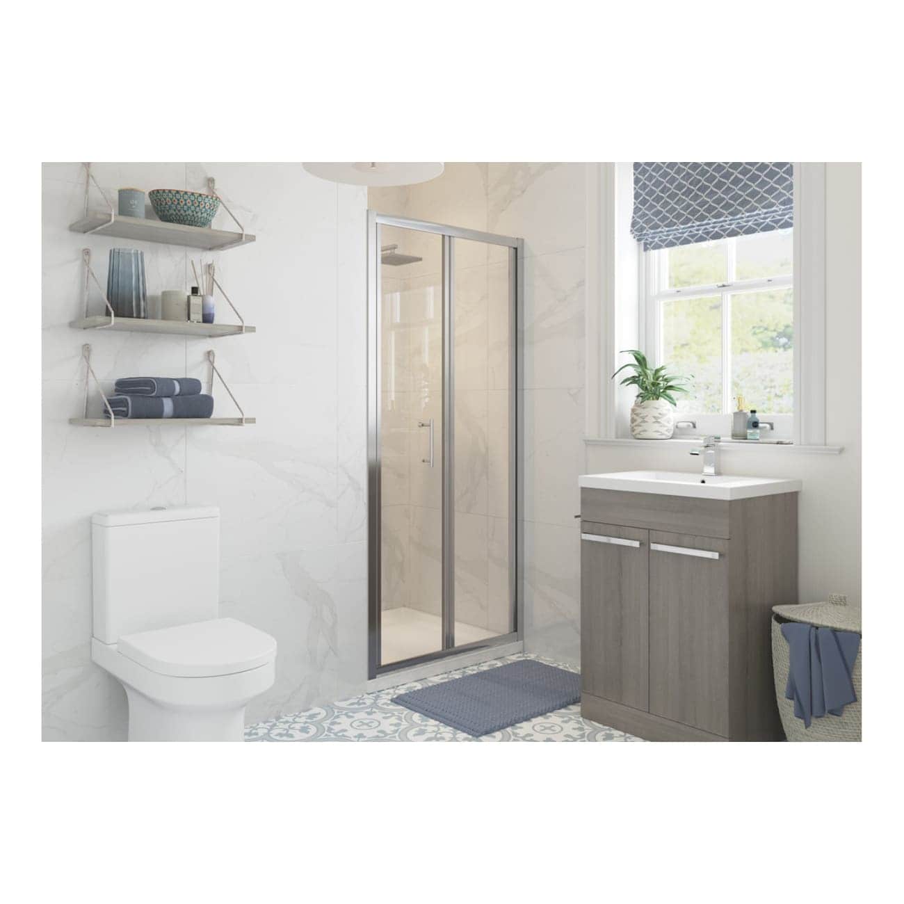 Modern bathroom with walk-in shower, wooden vanity with sink, white toilet, decorative tiles, and stylish shelving for towels and accessories. Bright and clean design with natural light.